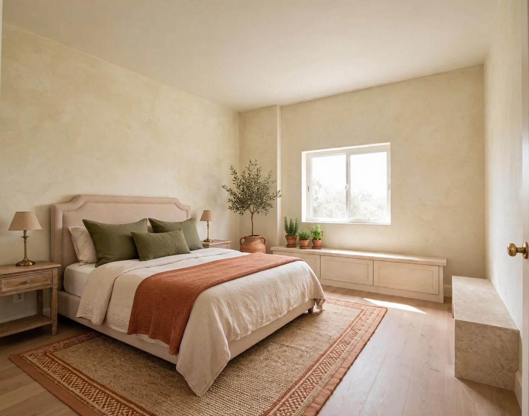 Bedroom with warm plaster-finish walls, upholstered headboard bed, terracotta throw, low built-in bench under the window and potted plants.