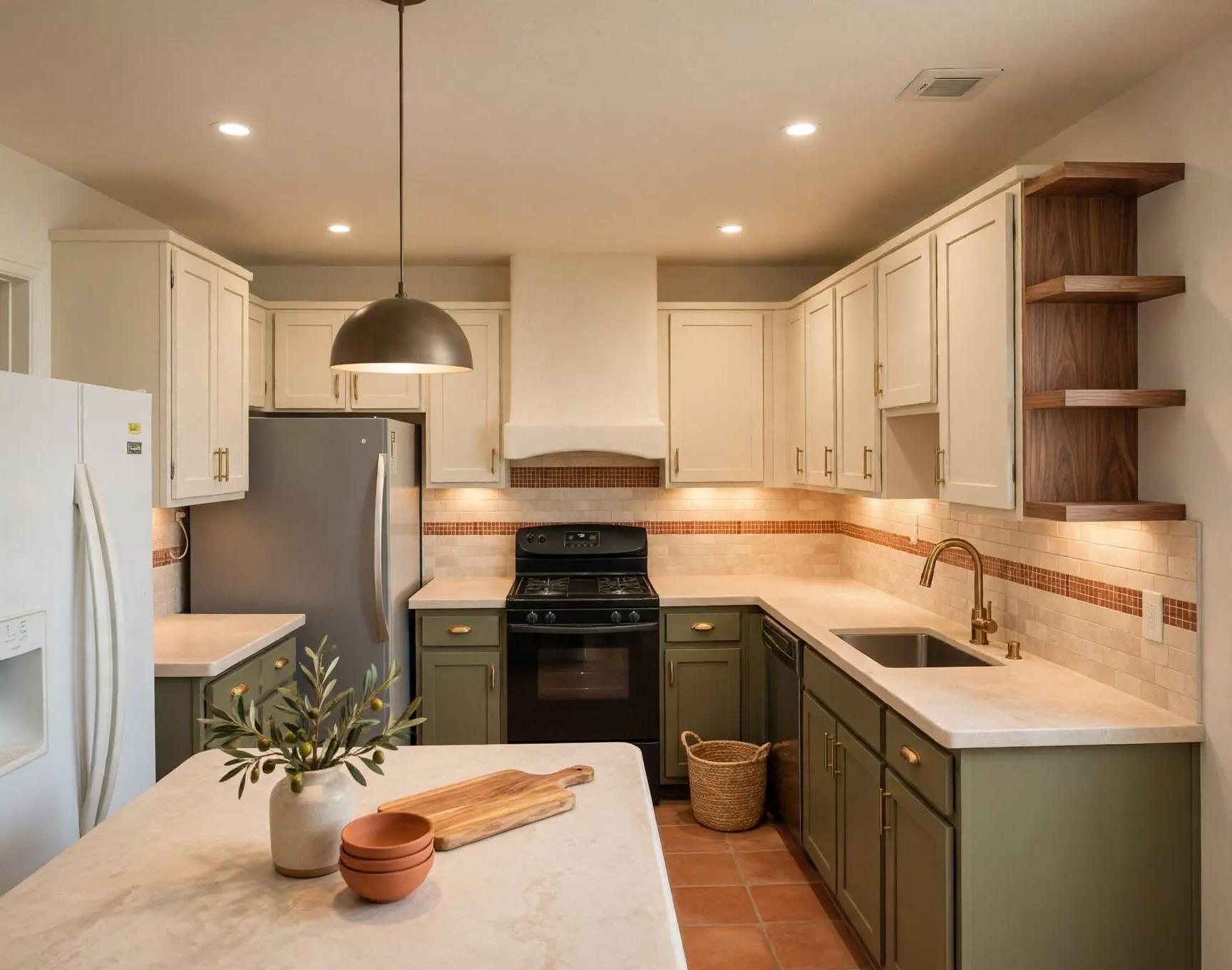Mediterranean concept with cream uppers, olive lower cabinets, plaster-style hood, brass fixtures, open shelves and pendant light