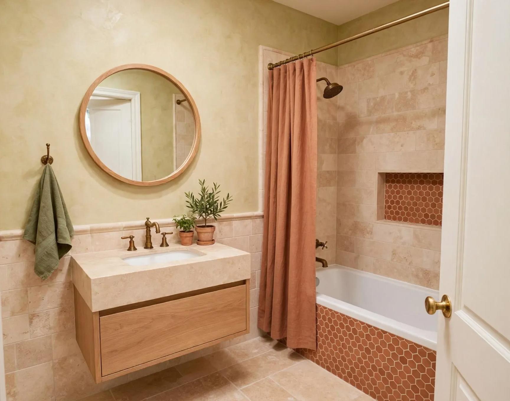 Mediterranean bathroom after AI restyle by Renovaitor: Round mirror and terracotta niche bring Mediterranean warmth