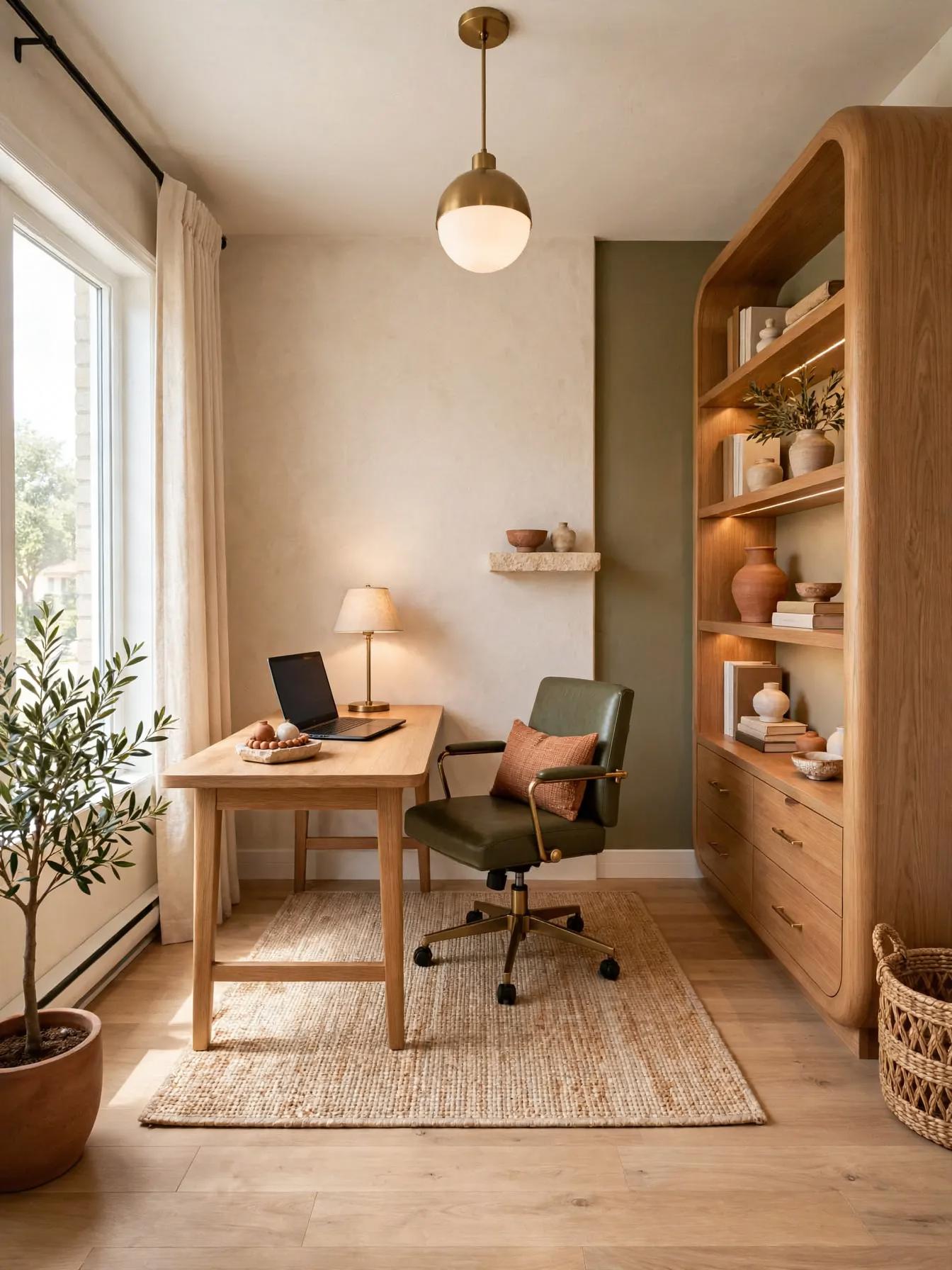 Mediterranean home office after AI restyle by Renovaitor: Arched oak shelving and olive accent wall in sunlit home office