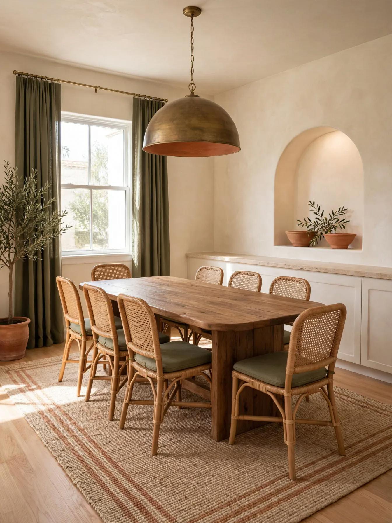 Mediterranean dining room after AI restyle by Renovaitor: Arched niche and olive drapes transform simple wood dining space