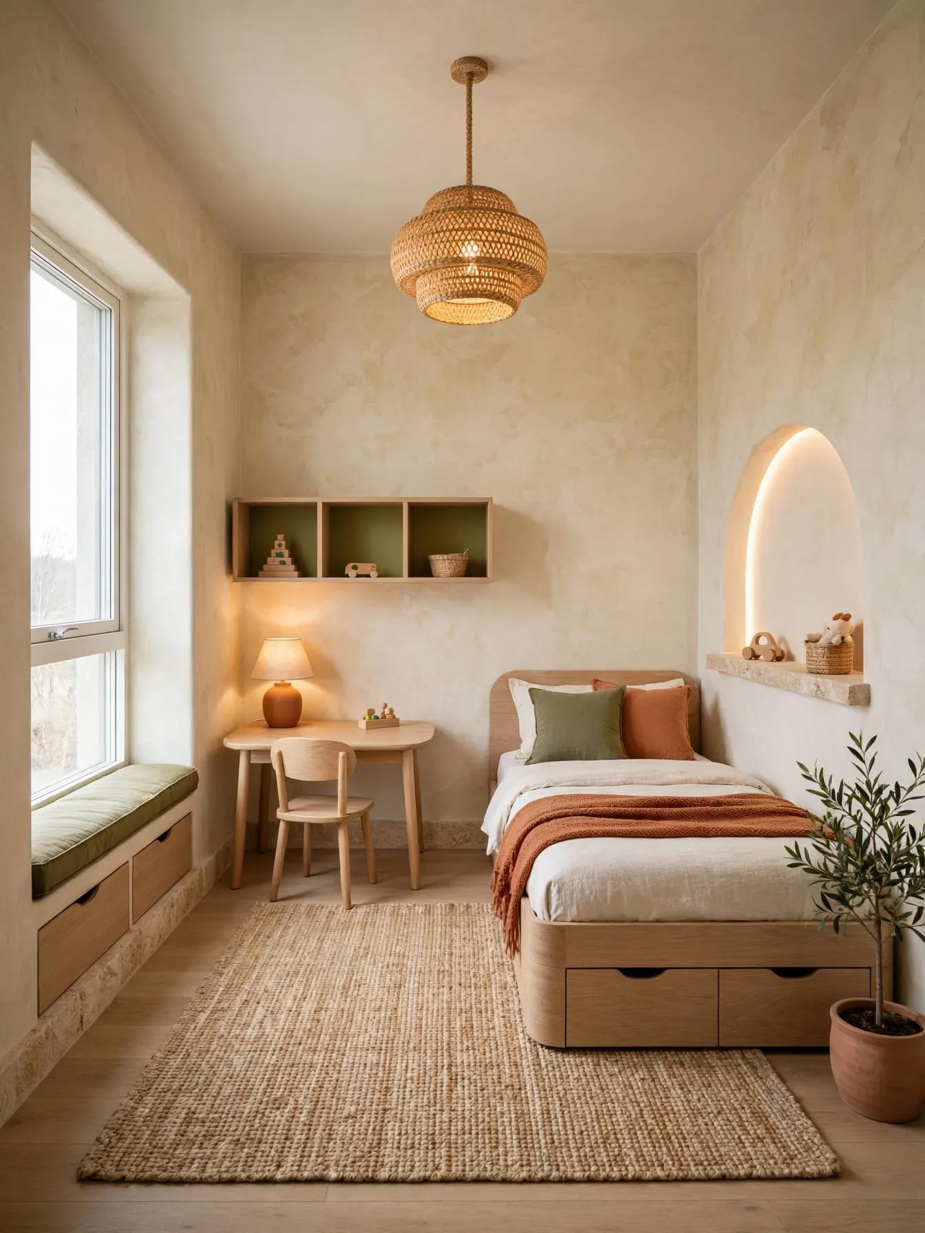 Mediterranean kids room after AI restyle by Renovaitor: Arched Niche and Woven Pendant in a Soft Mediterranean Kids Room