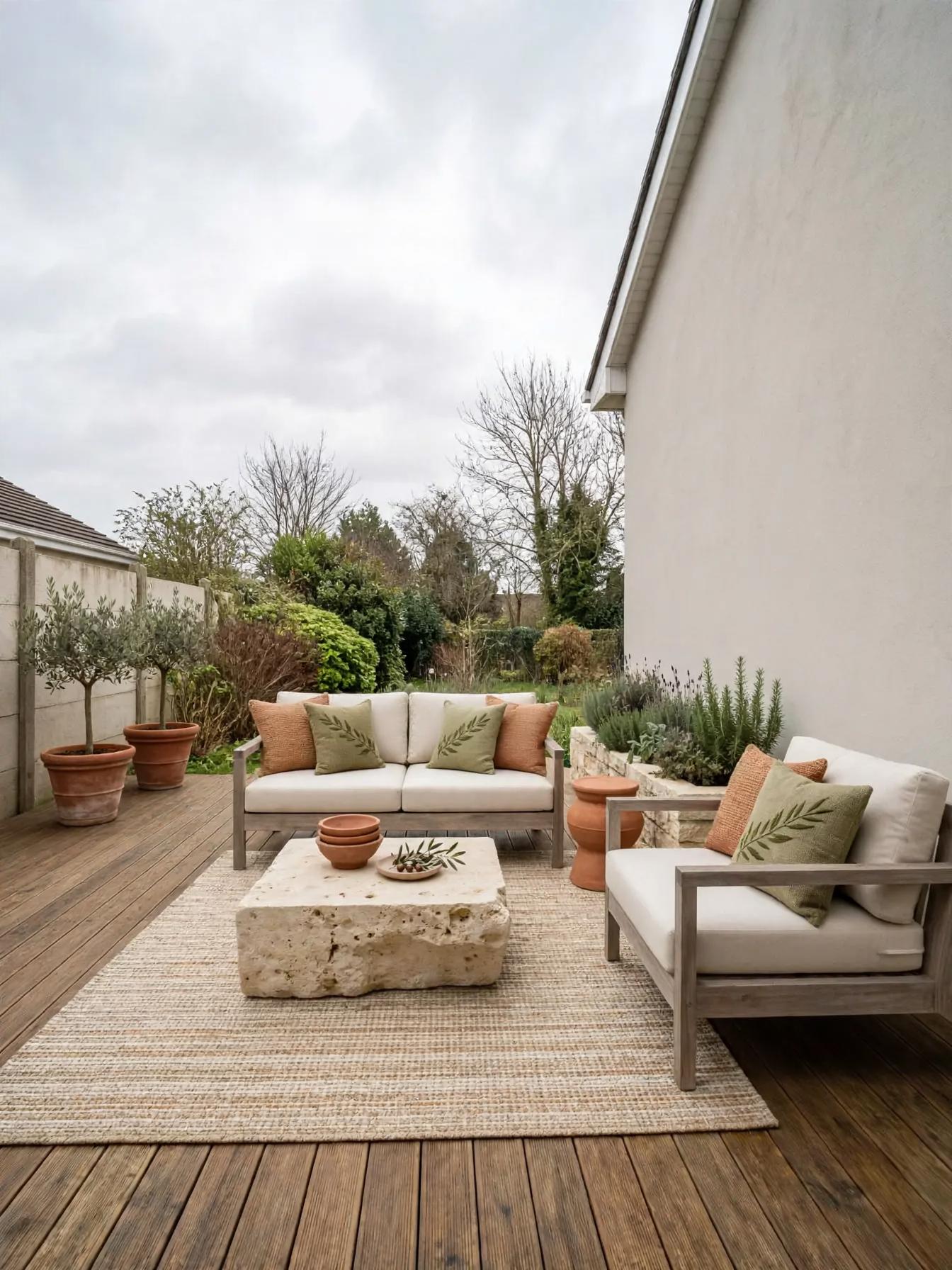 Mediterranean outdoor after AI restyle by Renovaitor: Stone coffee table and neutral sofa anchor narrow Modern Mediterranean patio
