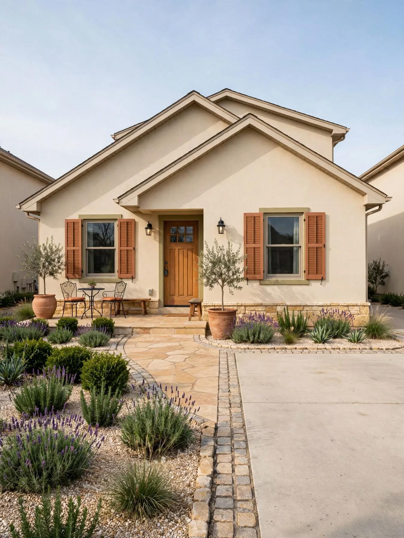 Mediterranean-inspired facade with stucco finish, terracotta shutters, flagstone path, cobble edging, lavender beds and potted olive trees.