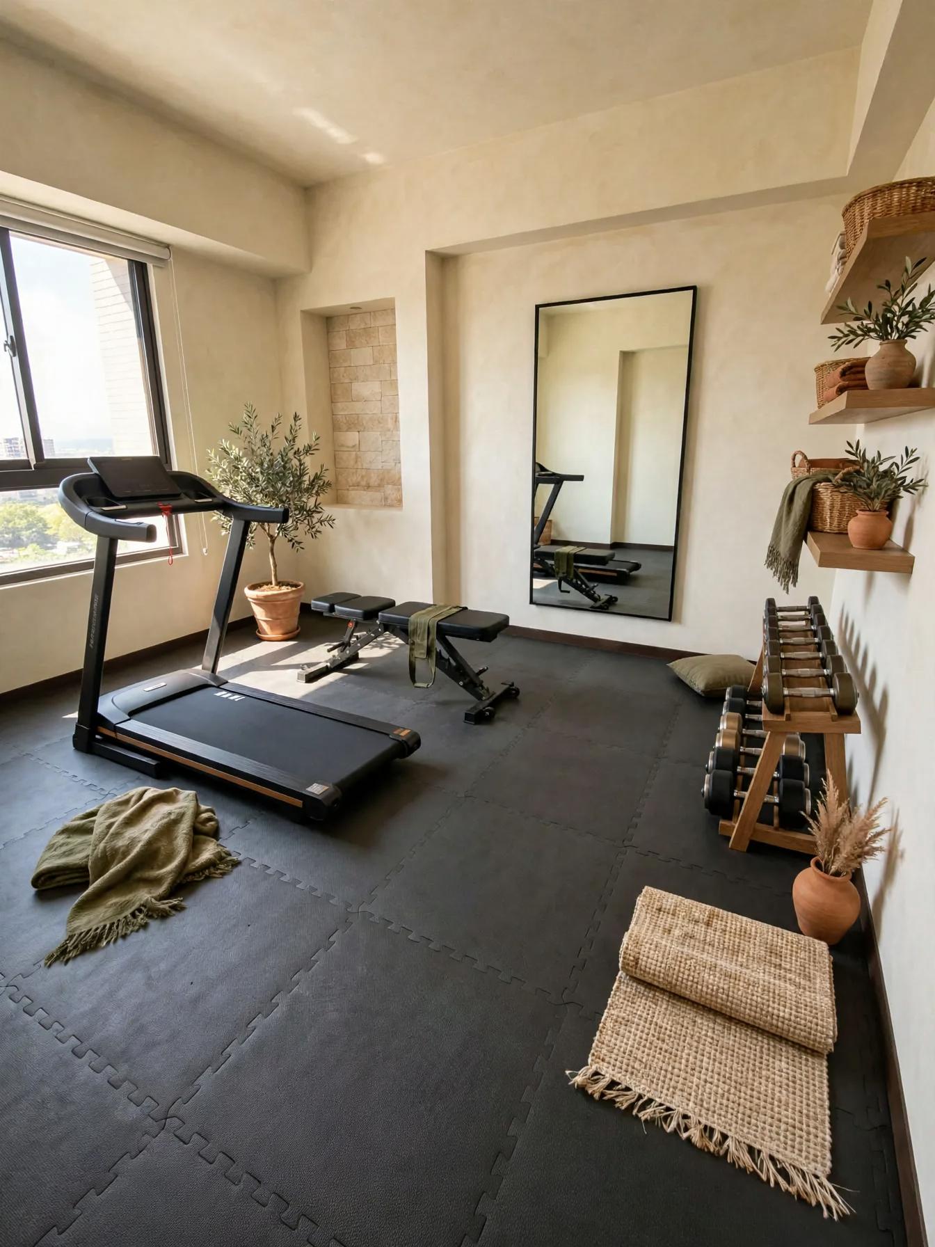 Mediterranean home gym after AI restyle by Renovaitor: Tall Window and Recessed Niche Framing a Mediterranean Home Gym