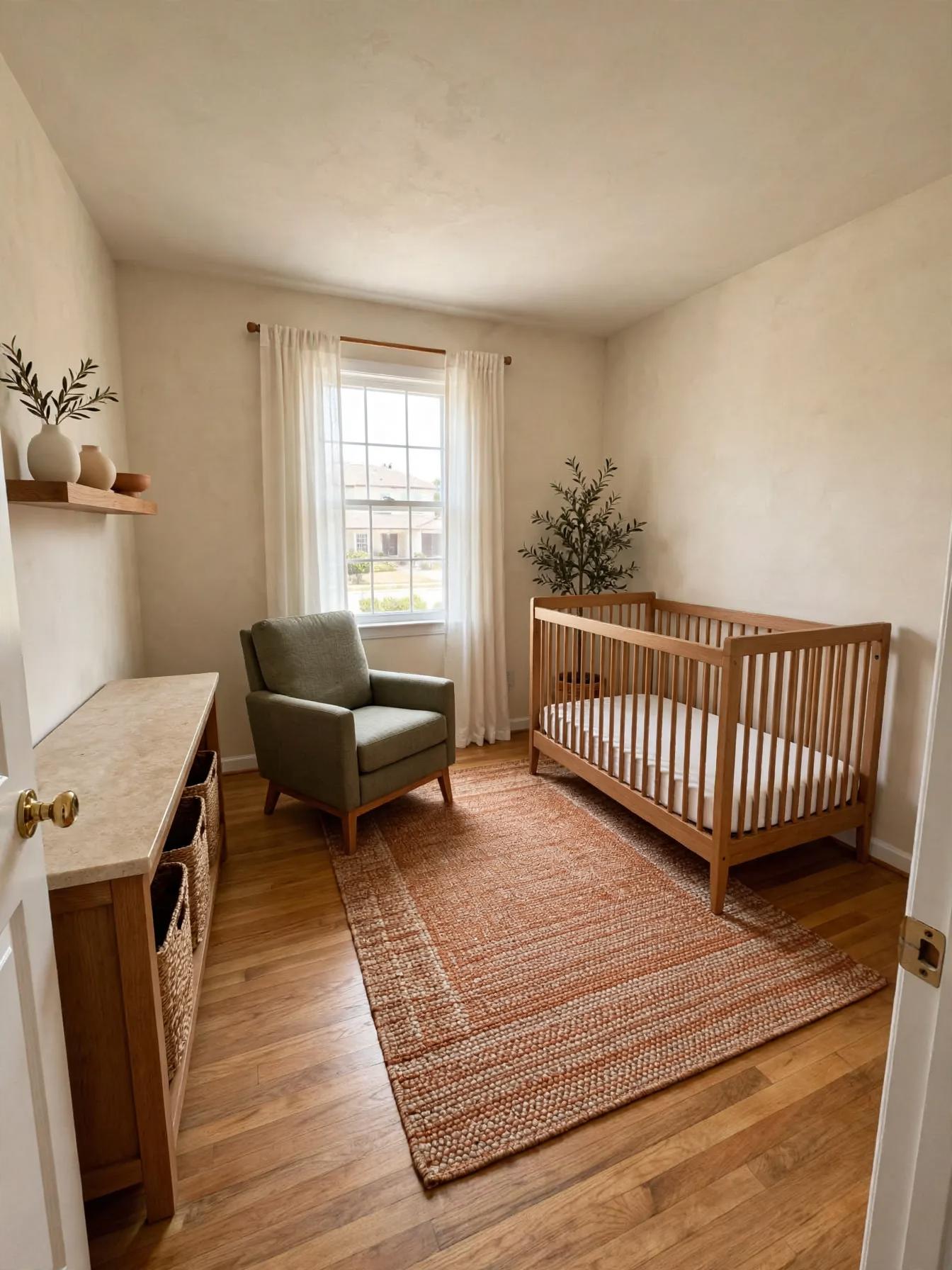 Mediterranean nursery after AI restyle by Renovaitor: Sunlit crib corner with woven terracotta rug and sage chair