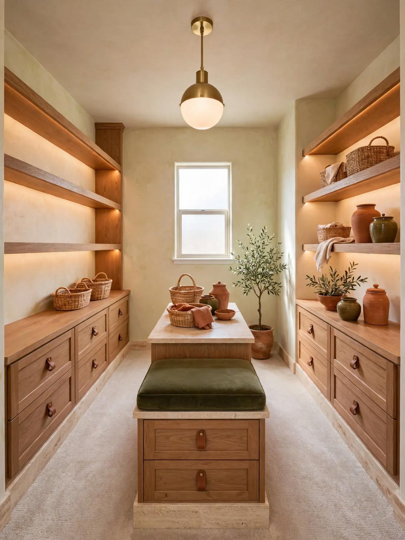 Mediterranean-style closet with oak open shelves, lower drawer cabinets, a central island bench with olive cushion, pendant light and warm integrated shelf lighting.