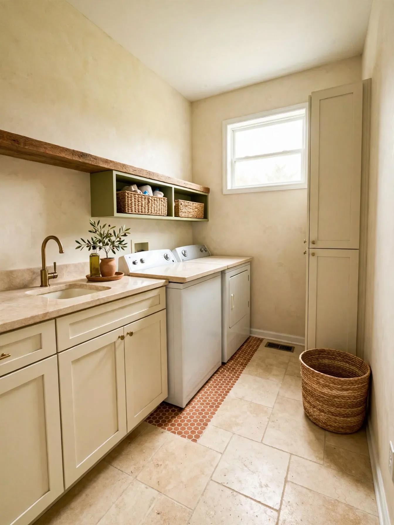 Mediterranean laundry room after AI restyle by Renovaitor: Rustic wood shelf and olive cubbies over washer in Mediterranean laundry