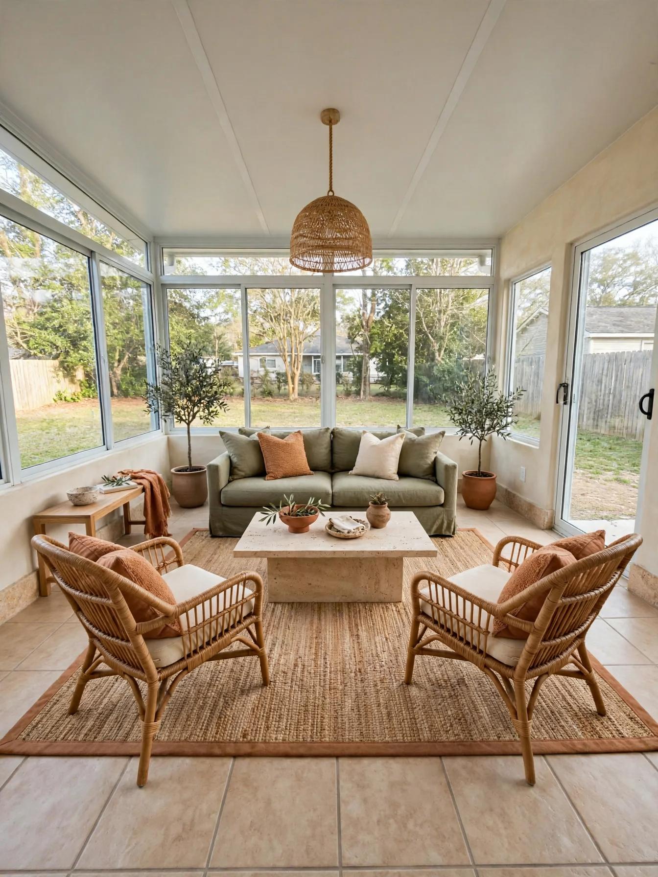 Mediterranean sunroom after AI restyle by Renovaitor: Wraparound floor-to-ceiling glass reimagined as a Modern Mediterranean sunroom