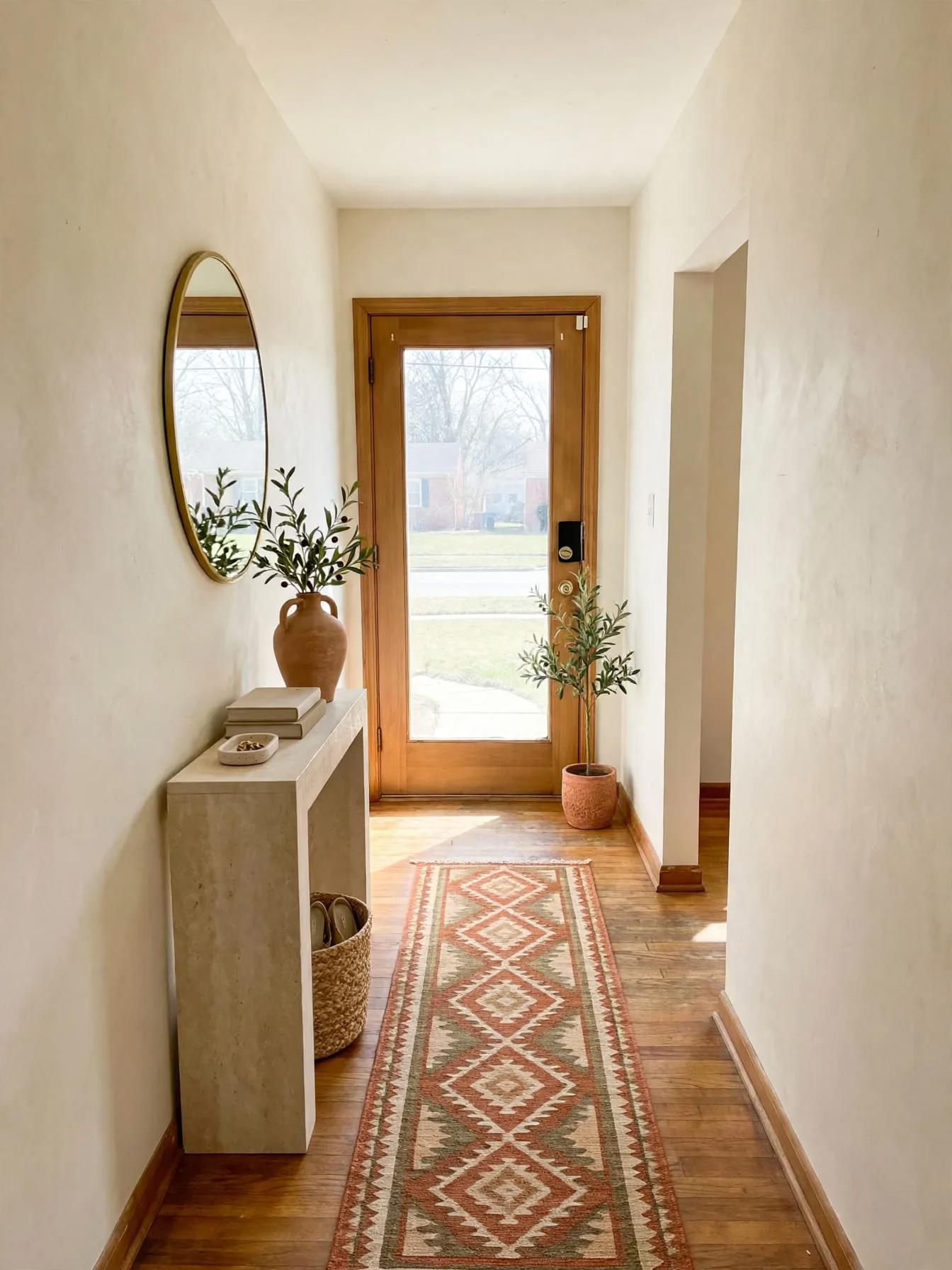 Same hallway with a terracotta-pattern runner, slim stone-look console, round brass mirror and two potted olive plants.
