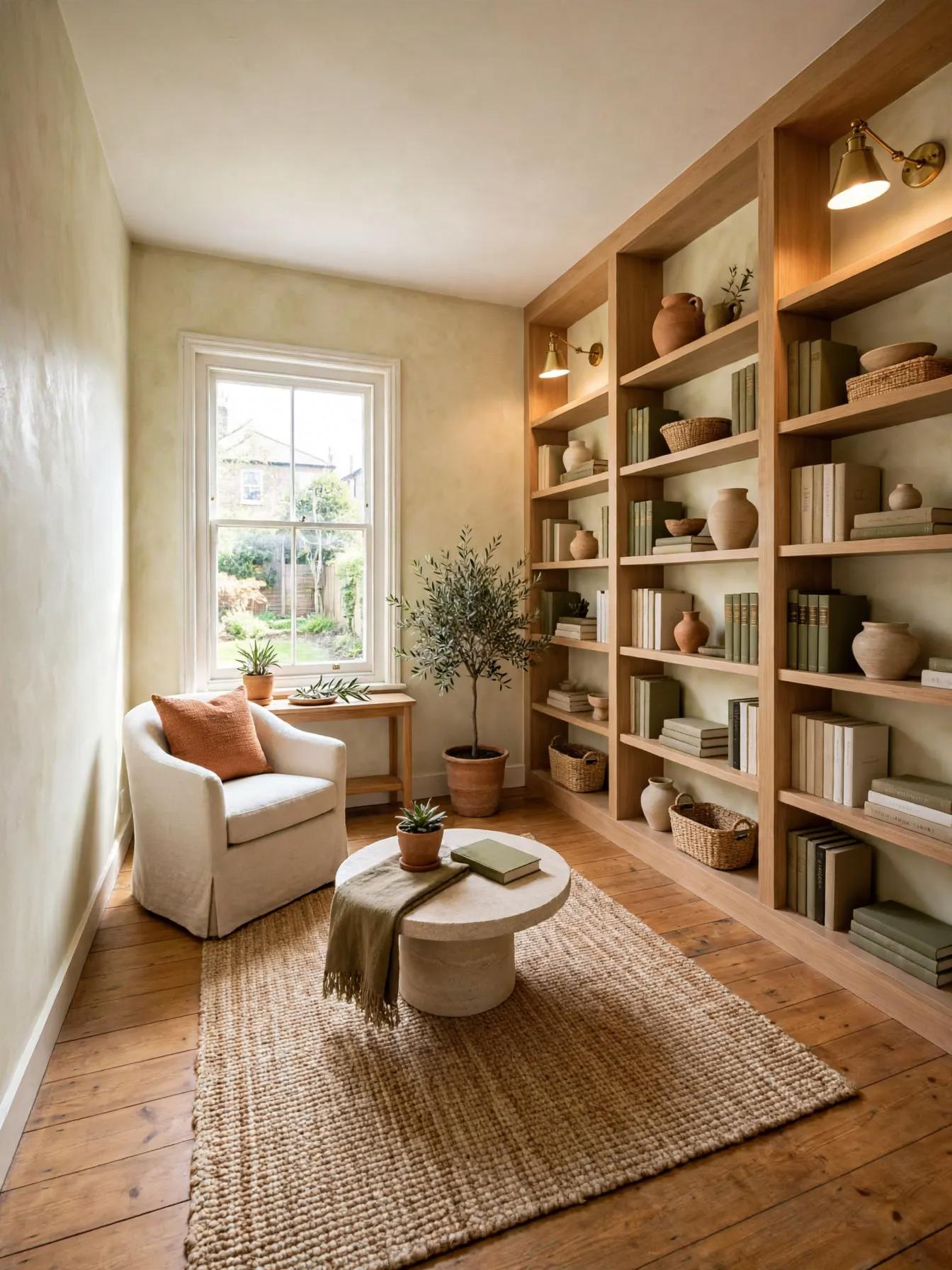 Mediterranean living room after AI restyle by Renovaitor: Floor-to-ceiling walnut shelving frames a sunny reading nook