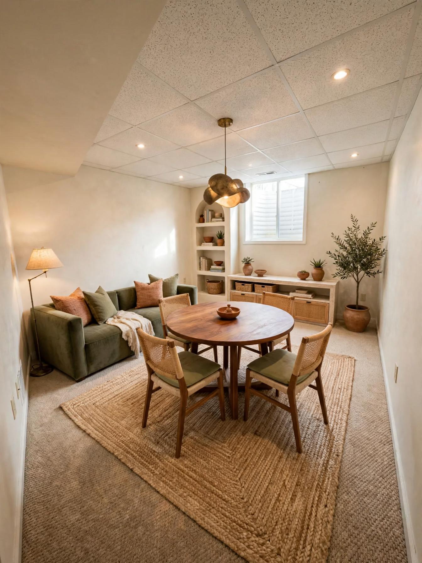 Mediterranean living room after AI restyle by Renovaitor: Round wood table anchors cozy low‑ceiling basement nook