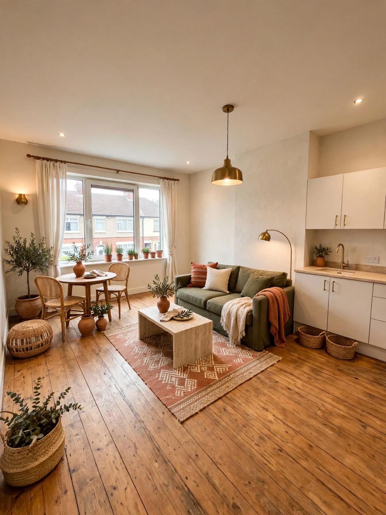 Mediterranean living room after AI restyle by Renovaitor: Window-fed seating anchored by a terracotta rug and plants