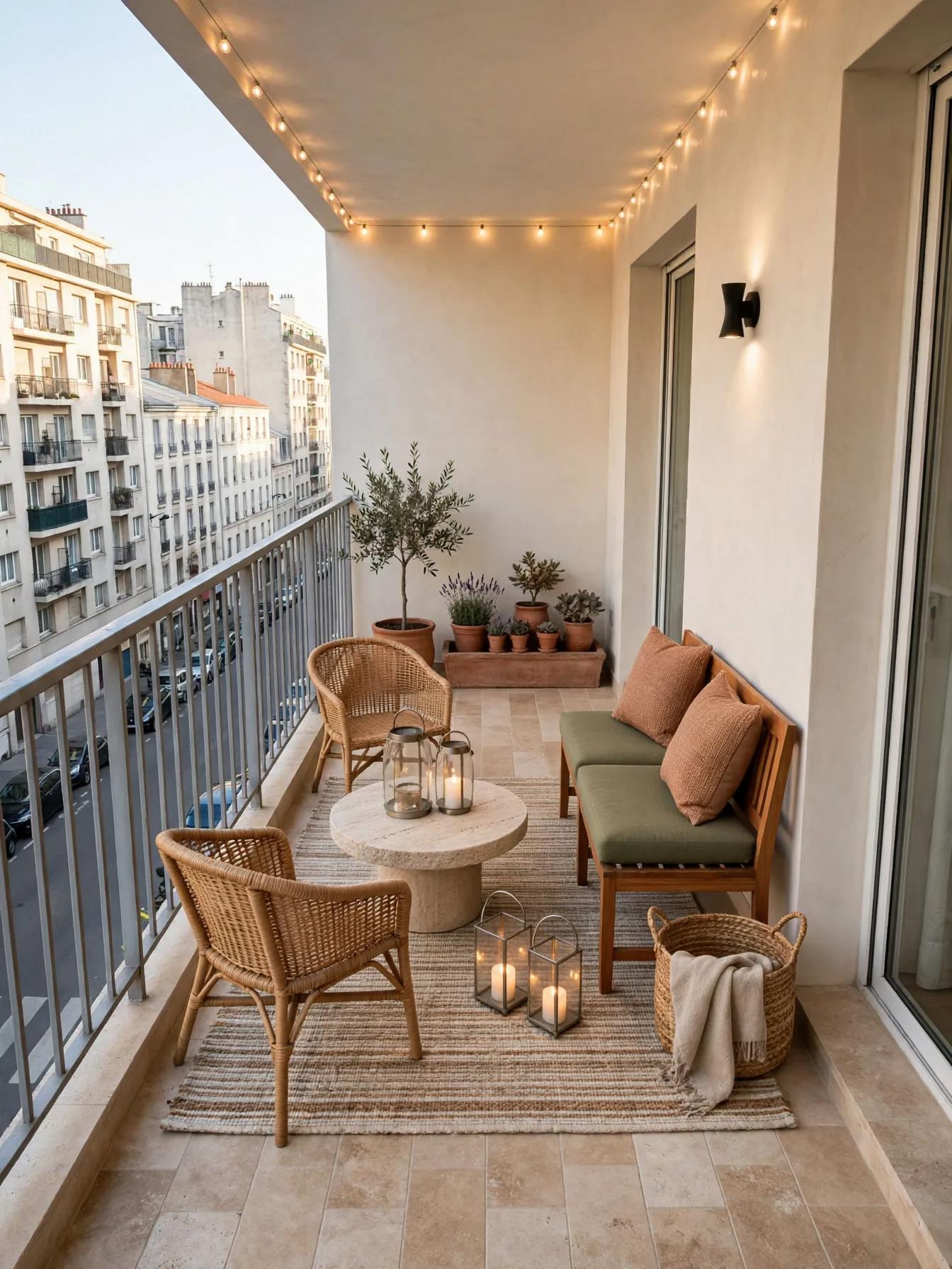 Narrow balcony staged as Mediterranean outdoor lounge with rattan chairs, bench with cushions, rug, stone round table, potted plants and string lights