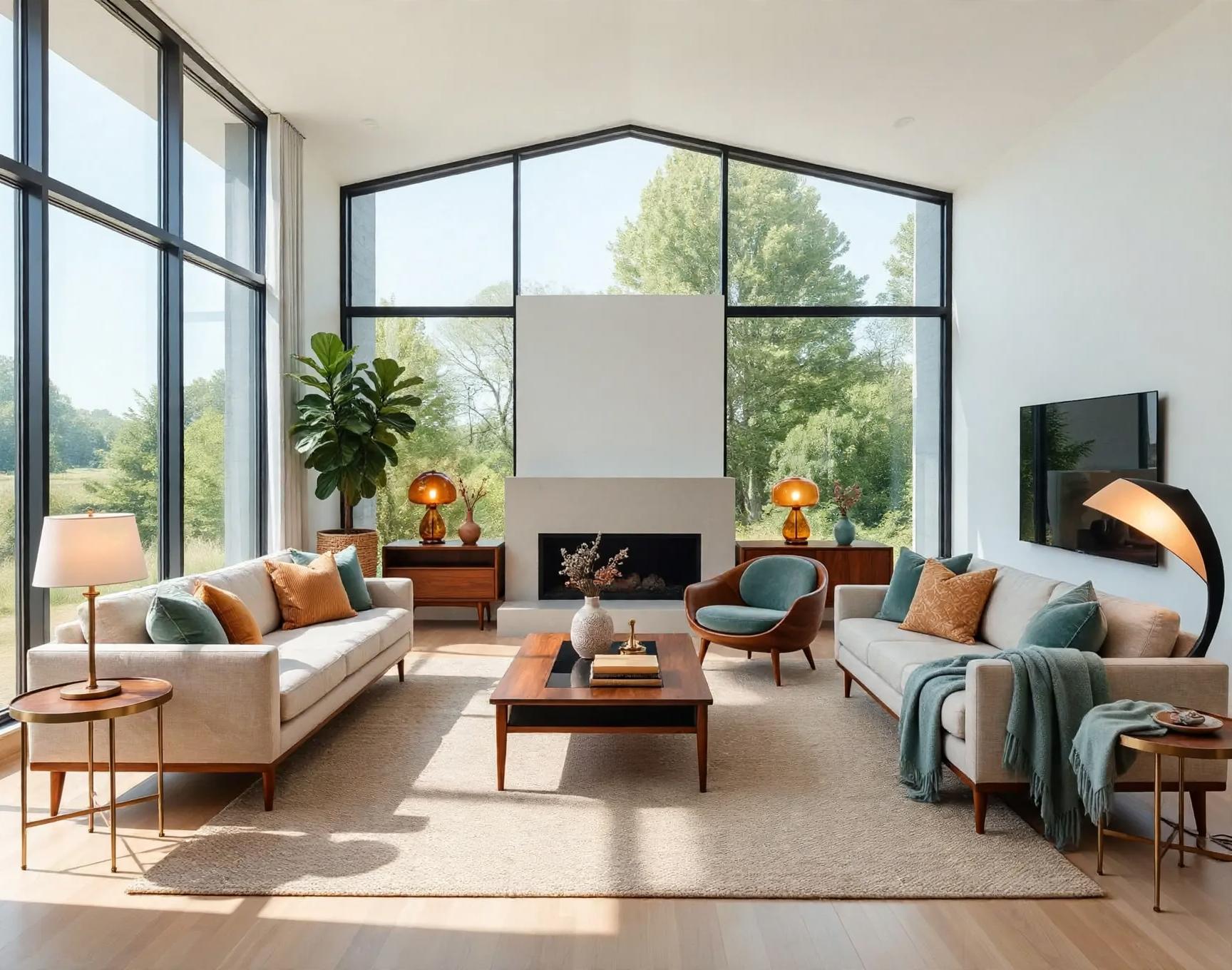 Mid century modern living room after AI restyle by Renovaitor: Vaulted Window Living Room with Mid‑Century Wood Accents
