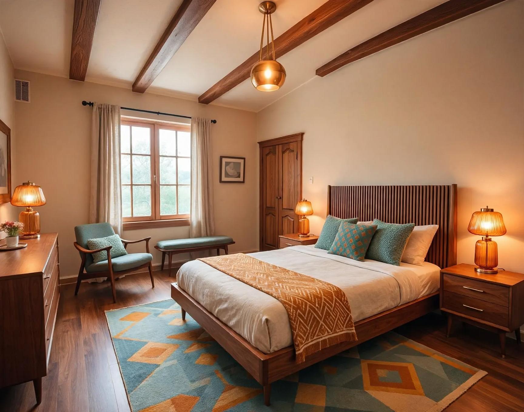 Mid century modern bedroom after AI restyle by Renovaitor: Wood‑slat headboard and teal accents update a classic beamed bedroom