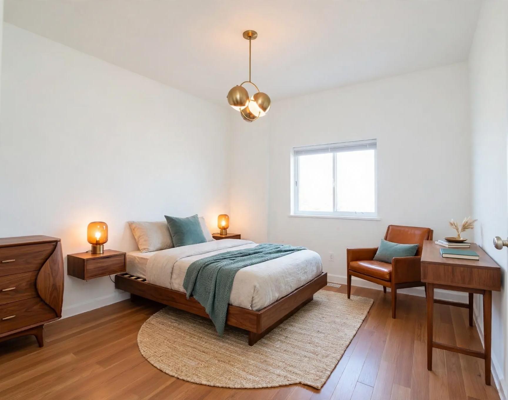 Mid century modern bedroom after AI restyle by Renovaitor: Low walnut platform bed anchors bright white bedroom