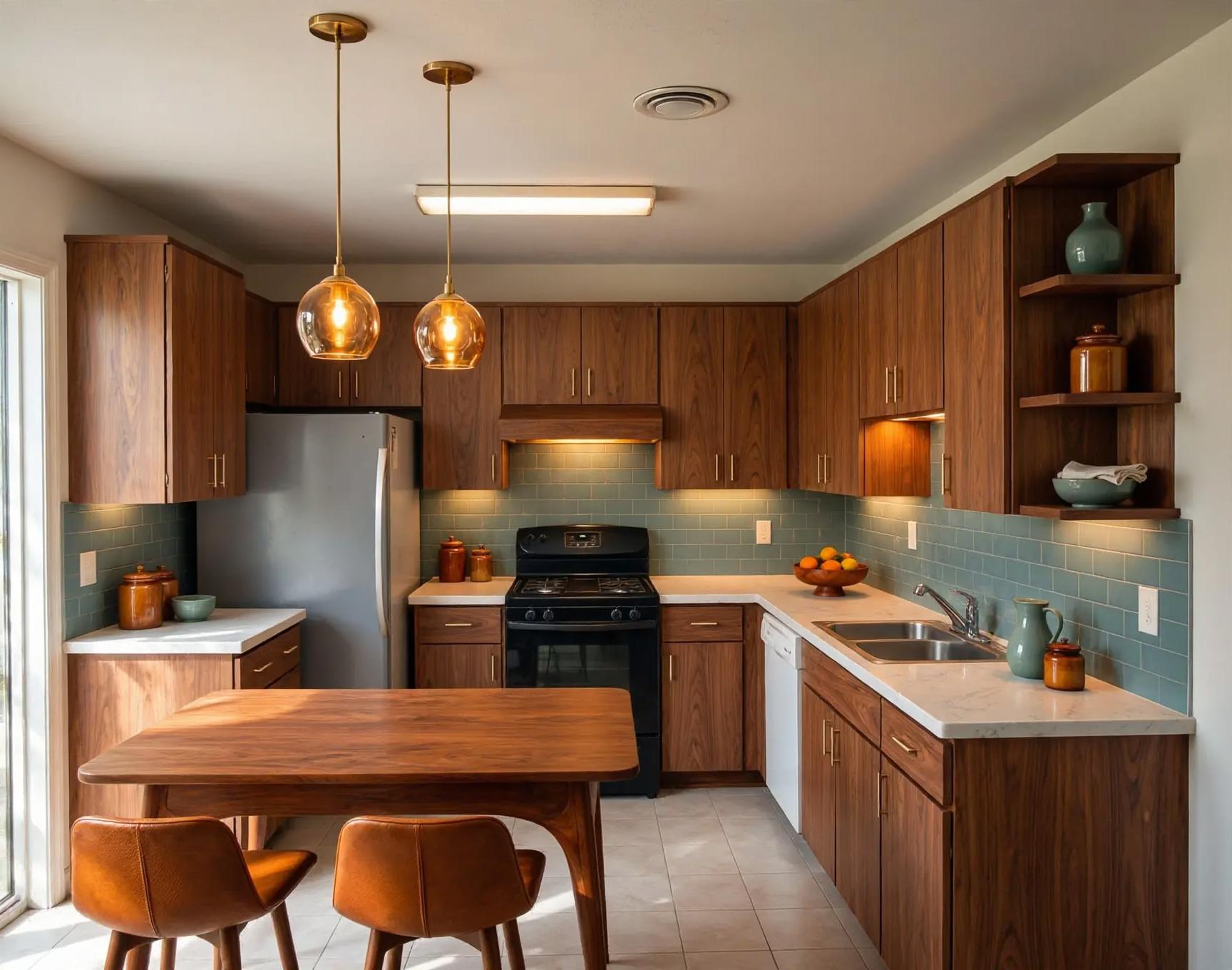 Kitchen with walnut cabinet fronts, teal subway tile backsplash, brass hardware, amber glass pendants and a wooden dining table replacing the island