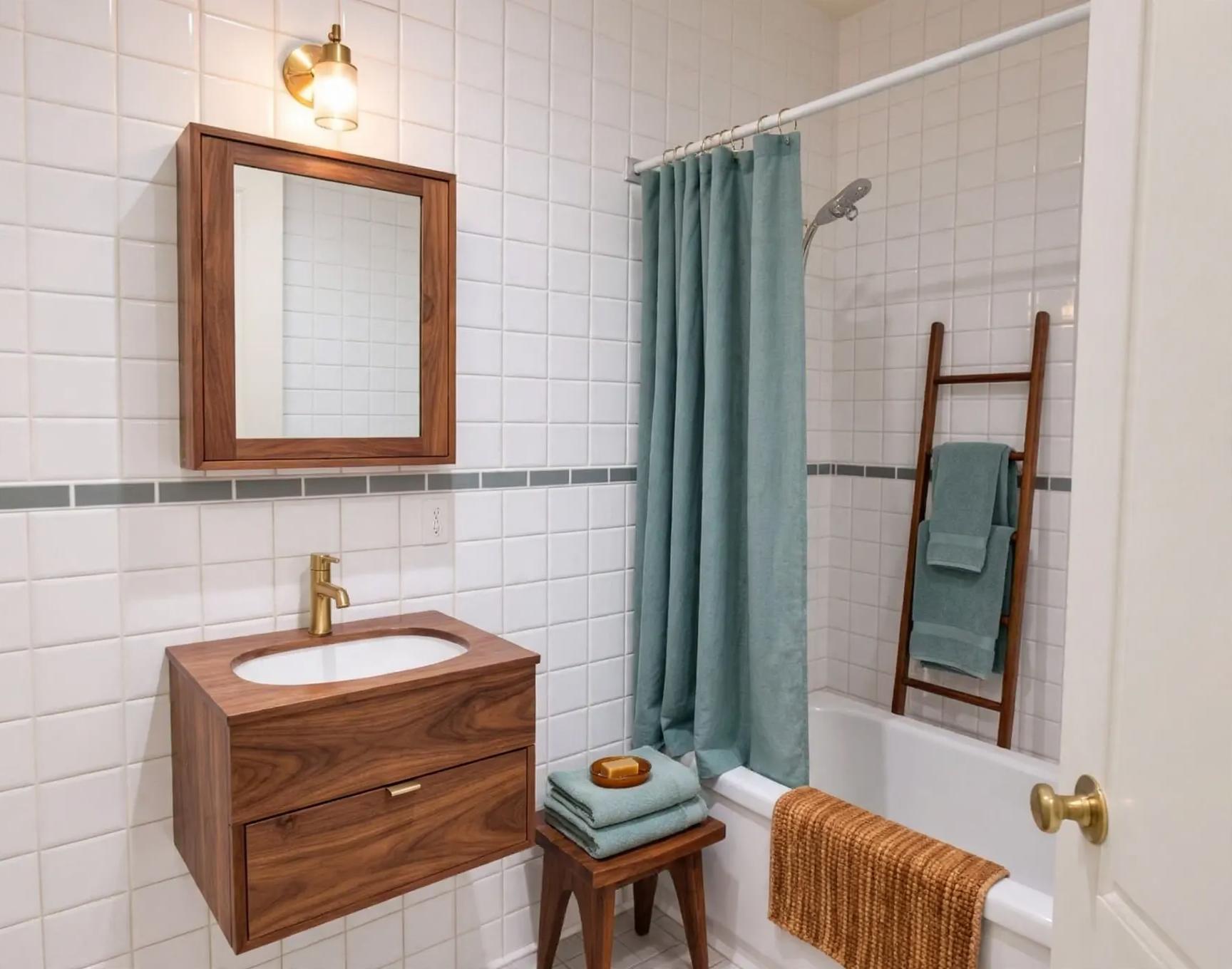 Mid century modern bathroom after AI virtual staging by Renovaitor: Teal shower curtain and walnut vanity elevate tiled bathroom