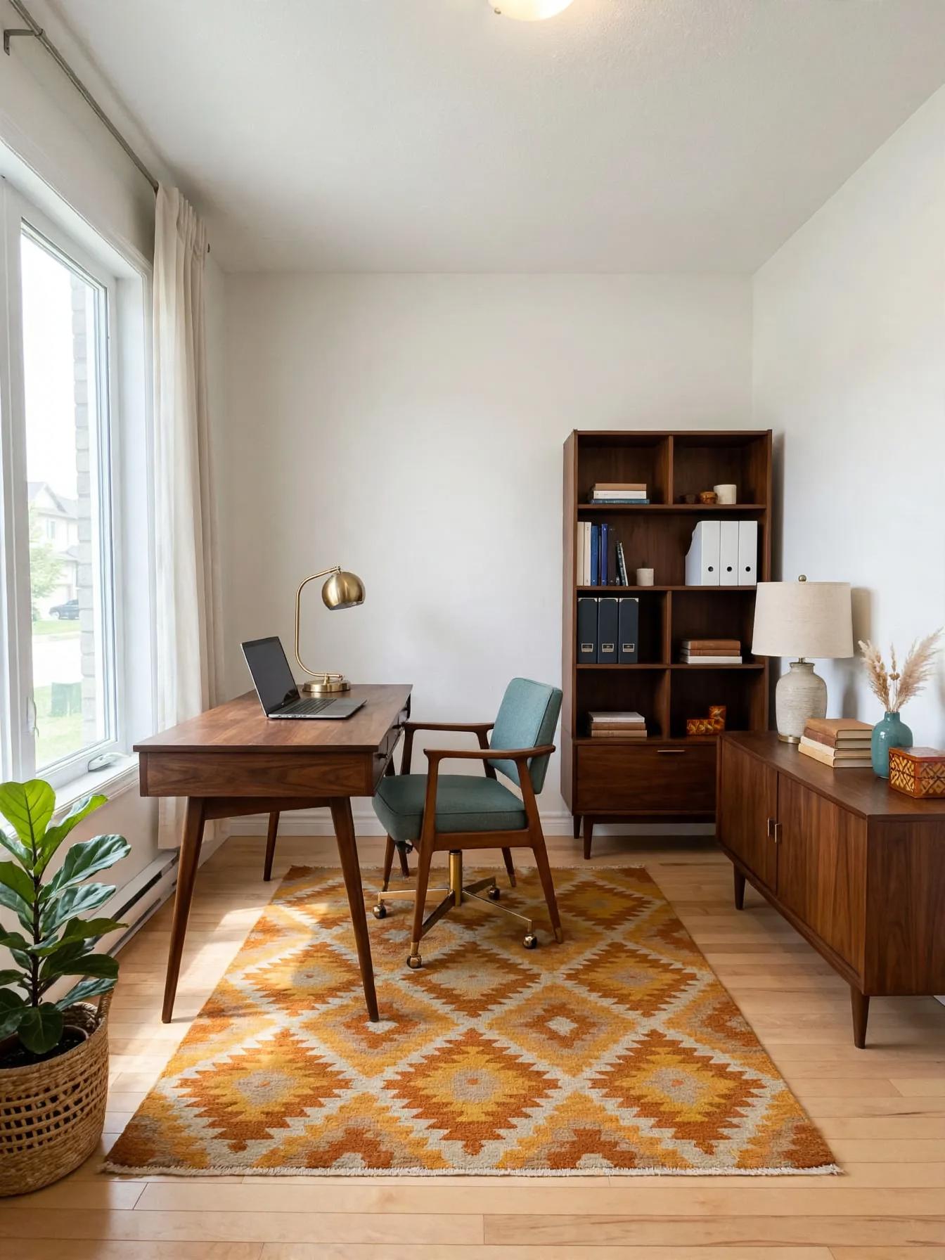 Mid century modern home office after AI virtual staging by Renovaitor: Sunlit mid-century desk vignette with patterned rug and walnut accents