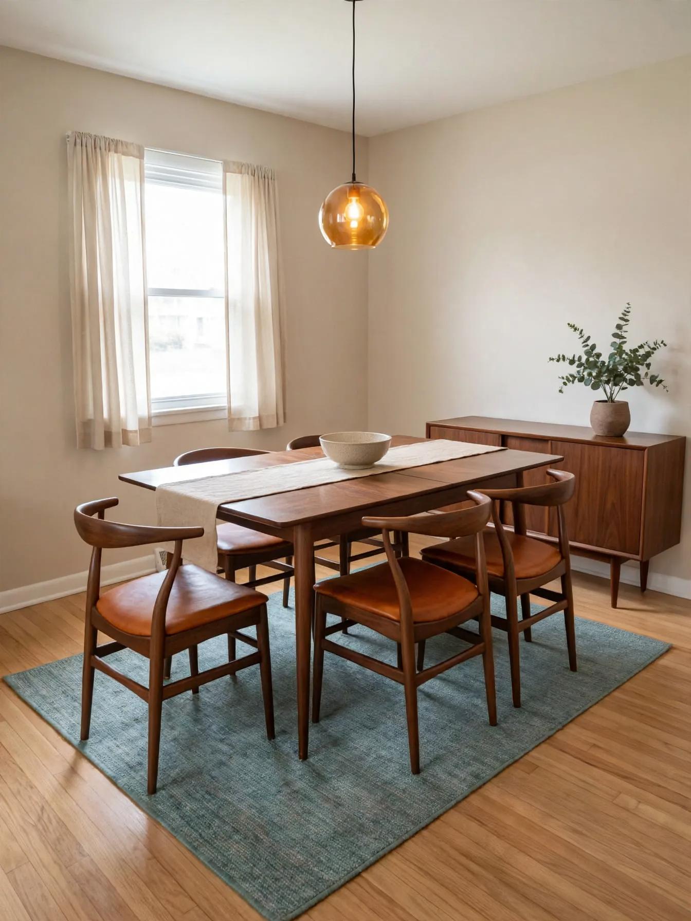 Mid century modern dining room after AI virtual staging by Renovaitor: Round amber glass pendant over mid-century dining set