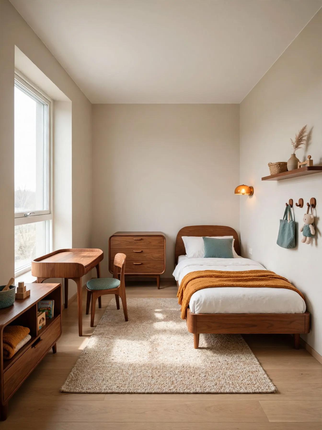 Mid century modern kids room after AI virtual staging by Renovaitor: Warm walnut furniture, woven rug and mustard throw for a kids room