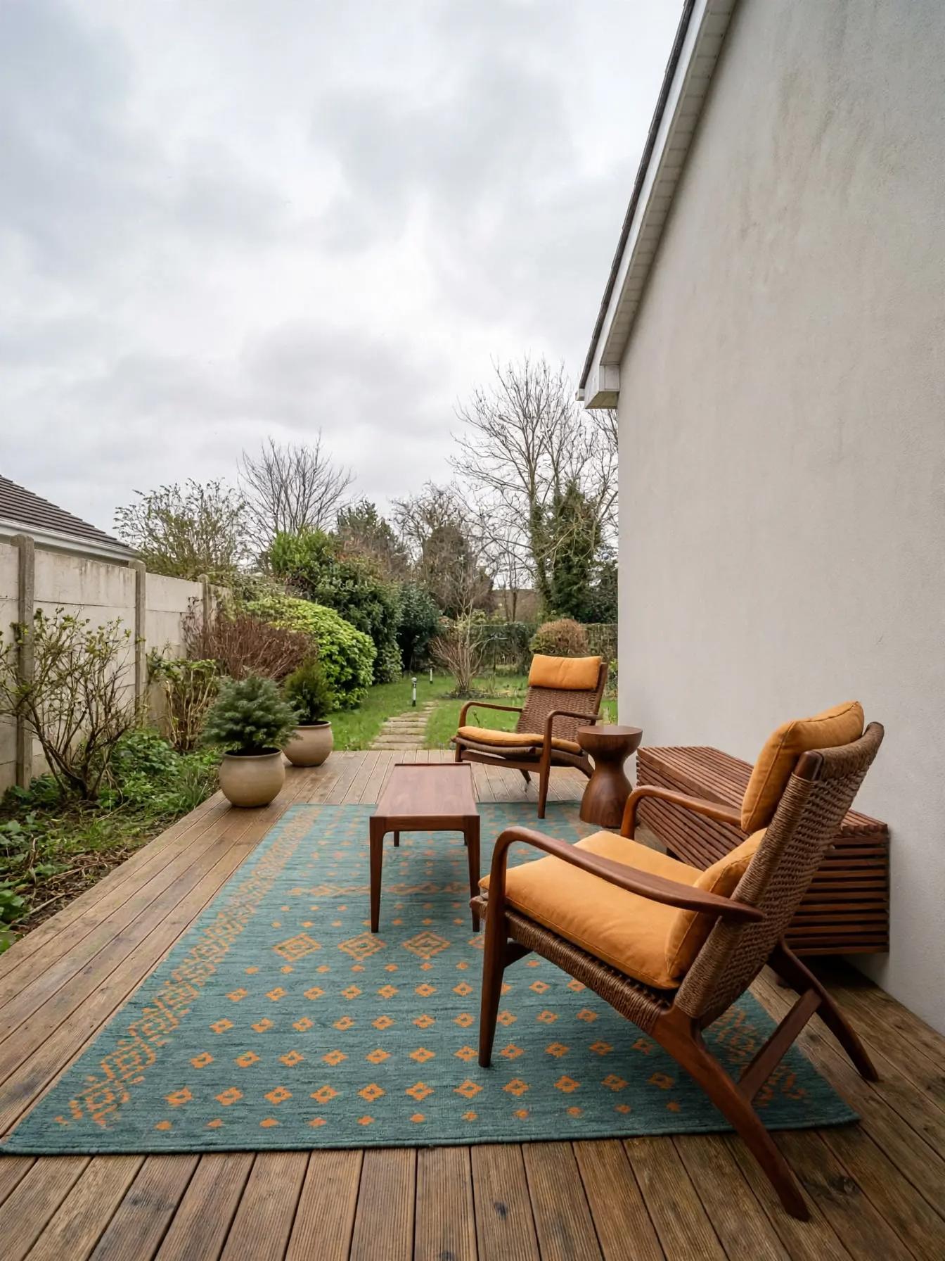 Mid century modern outdoor after AI virtual staging by Renovaitor: Narrow wooden deck framed by teal rug and orange cushions