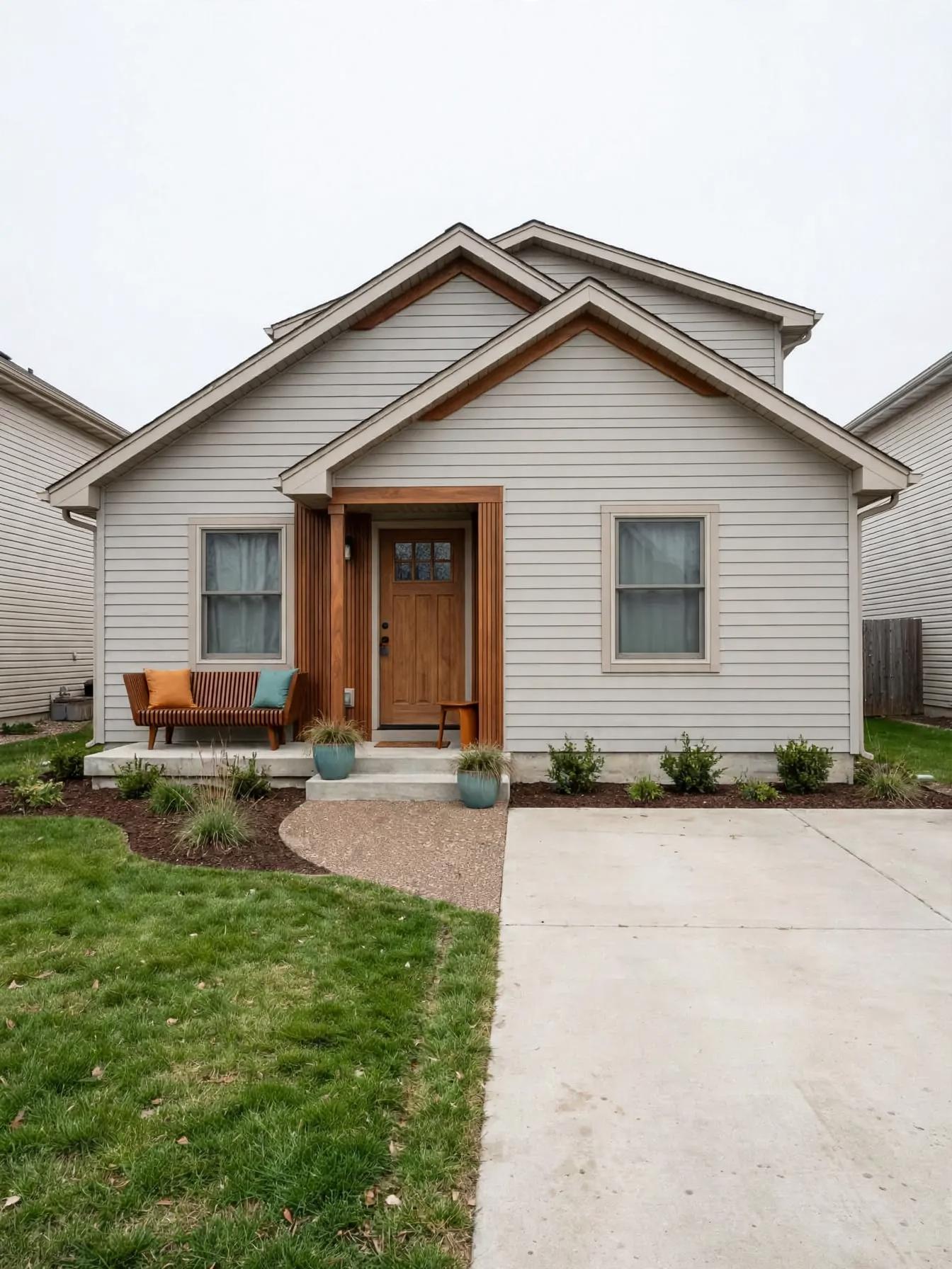 Mid century modern outdoor after AI exterior redesign by Renovaitor: Wood-accented entry with new planting beds and path