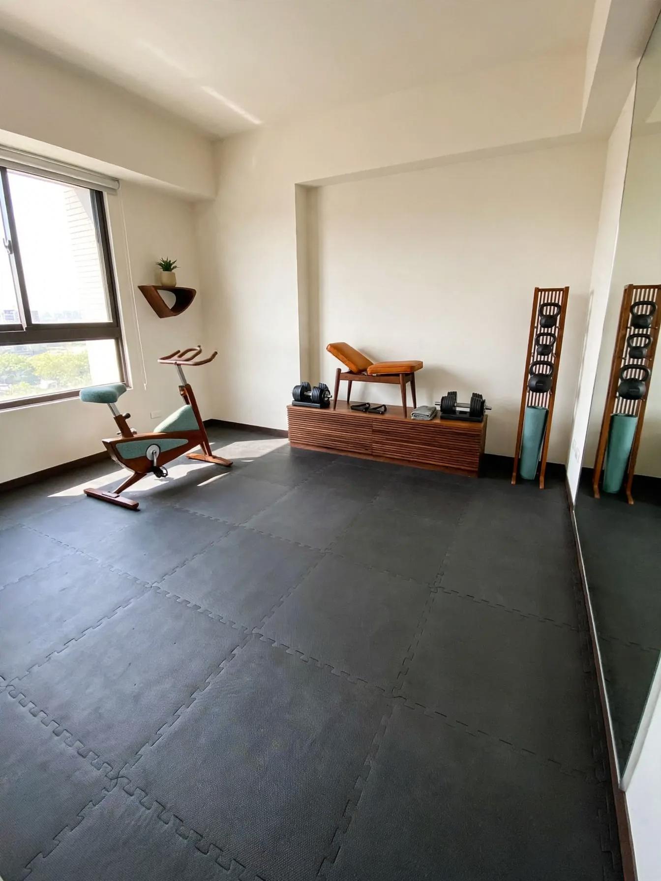 Mid century modern home gym after AI virtual staging by Renovaitor: Window-lit inset wall with mid-century gym styling