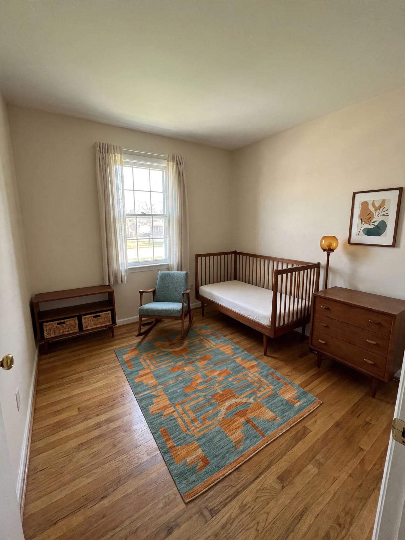 Mid century modern nursery after AI virtual staging by Renovaitor: Teal-and-Orange Mid-Century Nursery Refresh with Rocking Chair