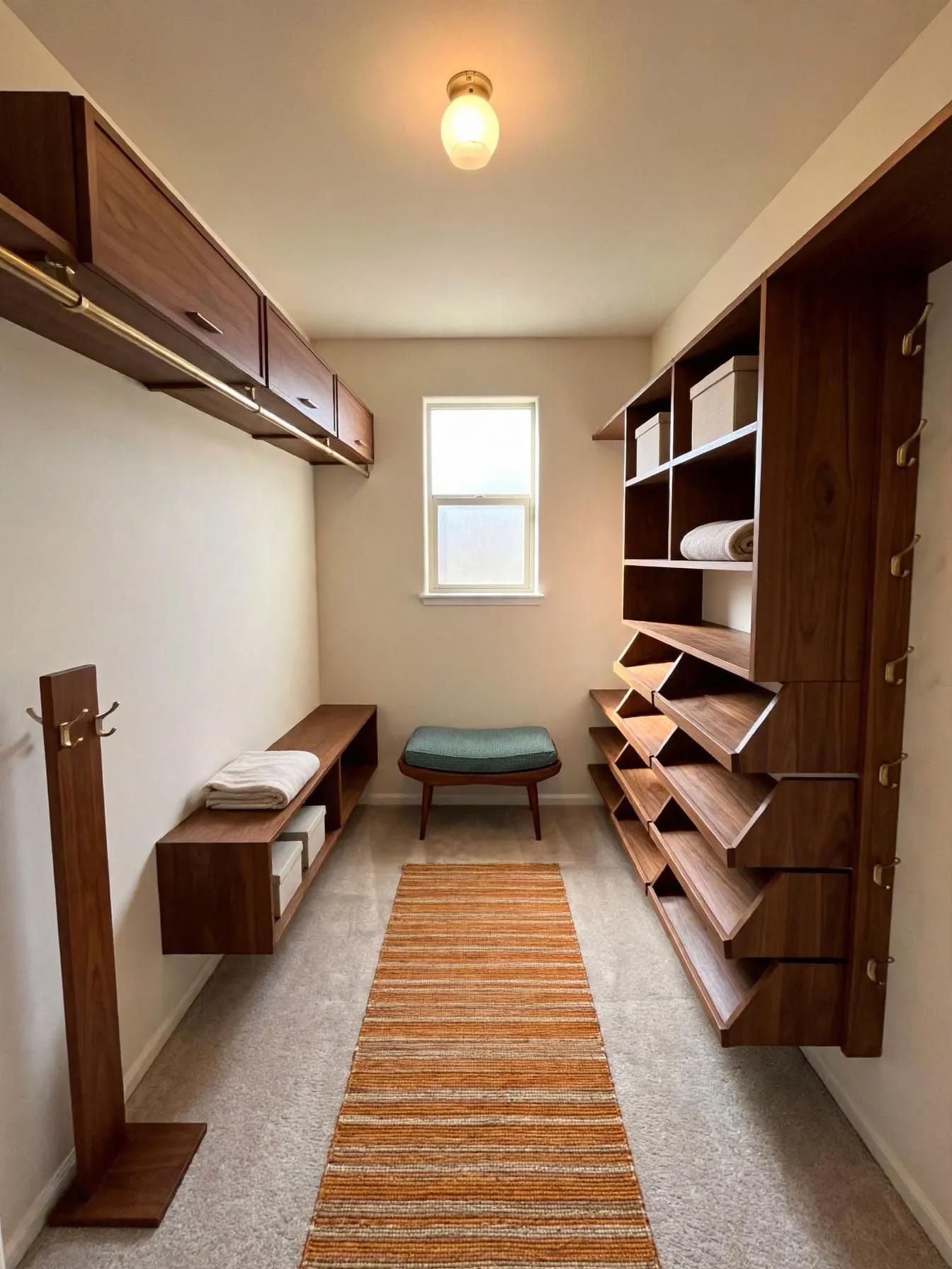 Mid century modern walk in closet after AI virtual staging by Renovaitor: Walnut storage wall and striped runner centered on the narrow window