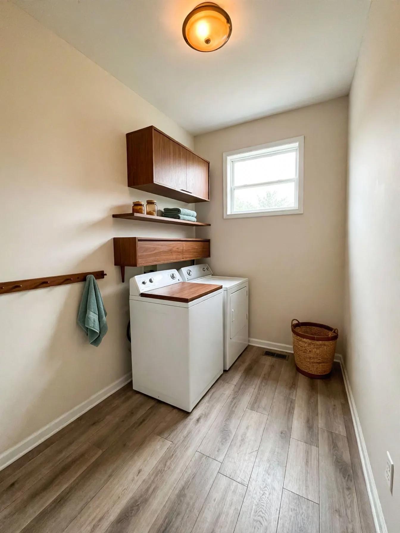 Mid century modern laundry room after AI virtual staging by Renovaitor: Walnut shelving and plank floor brighten narrow laundry room