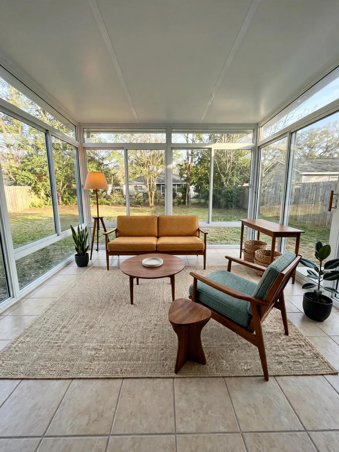 Mid century modern sunroom after AI virtual staging by Renovaitor: Mustard sofa and teal armchair anchor a glass-walled sunroom