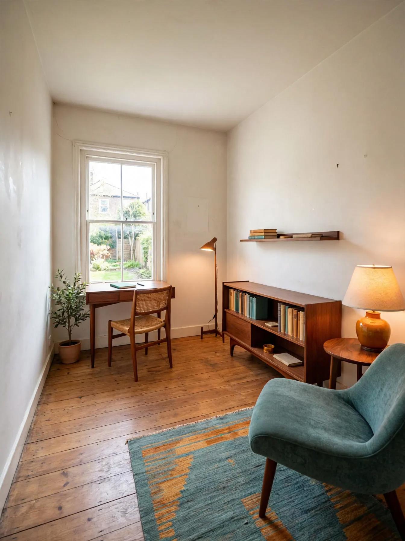Mid century modern home office after AI virtual staging by Renovaitor: Single south window framed by a compact mid-century library setup