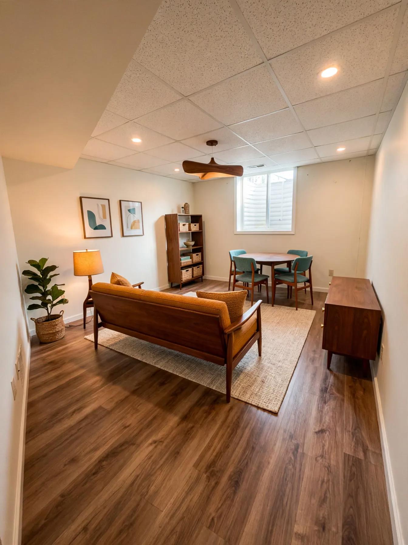 Mid-century modern game room with wood sofa, jute rug, round table with teal chairs, bookcase and pendant light