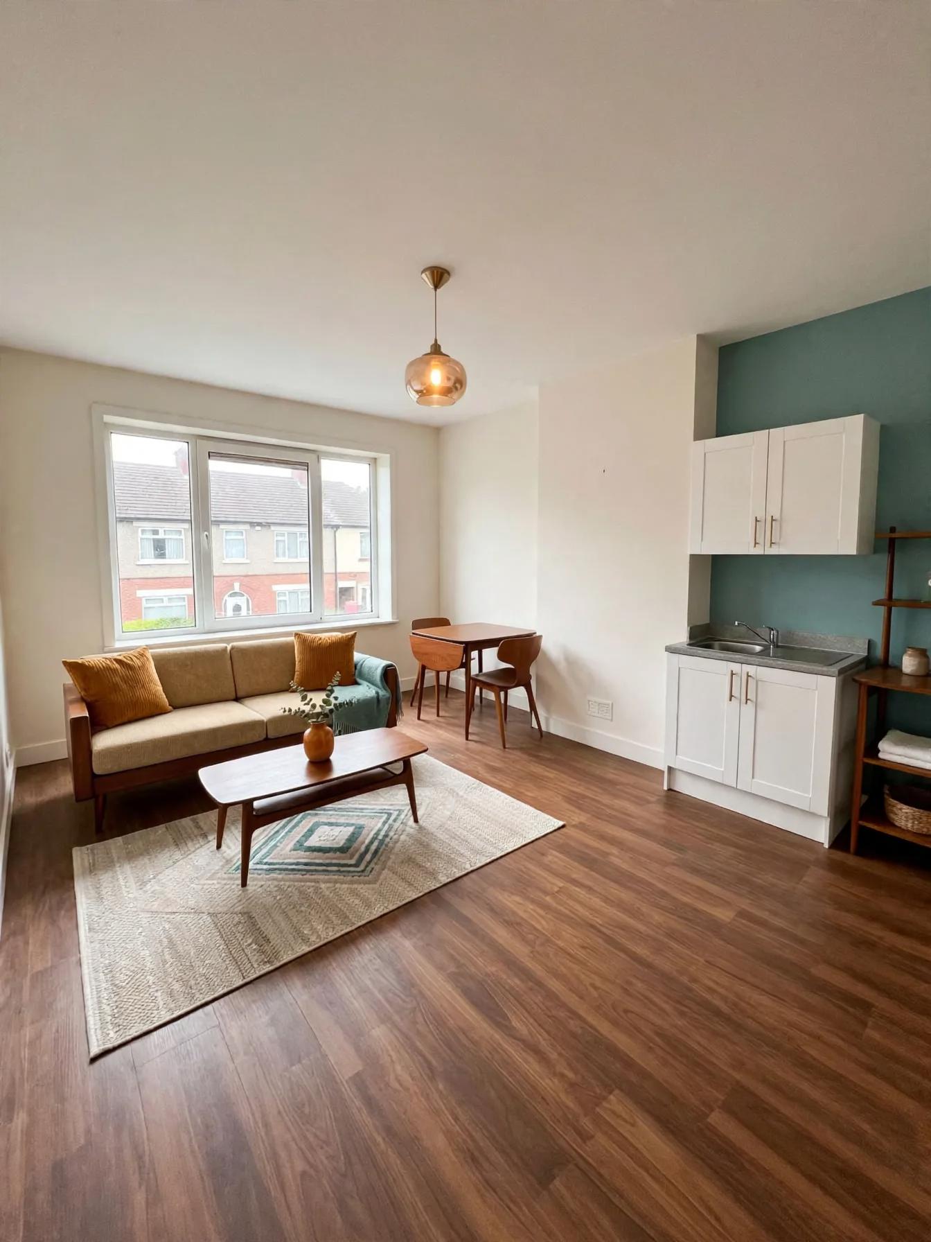 Staged studio with teal accent behind kitchenette, mid-century sofa, coffee table on rug, round pendant and small dining set.