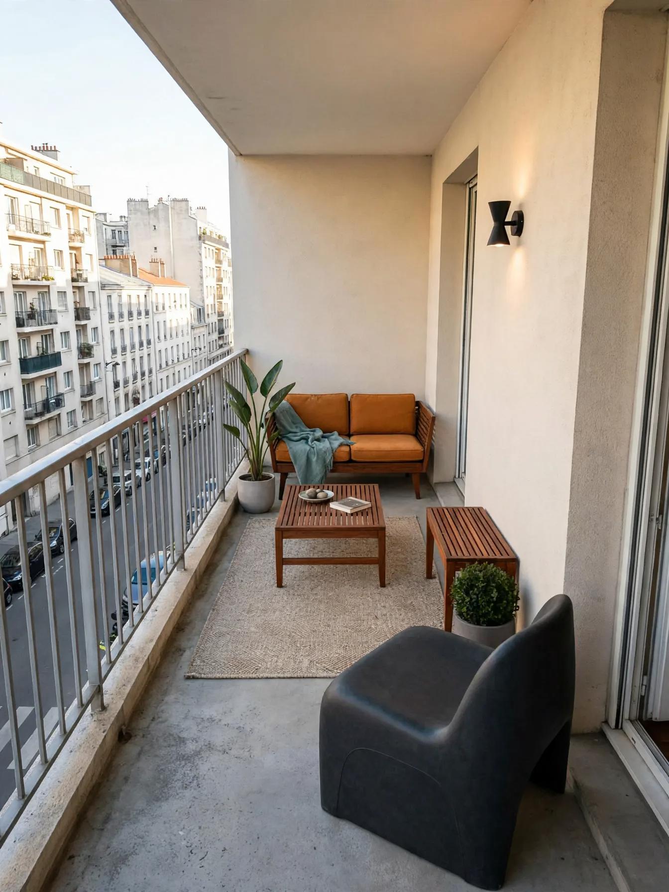 Mid century modern outdoor after AI virtual staging by Renovaitor: Cozy mid-century balcony nook with burnt-orange sofa and wood accents