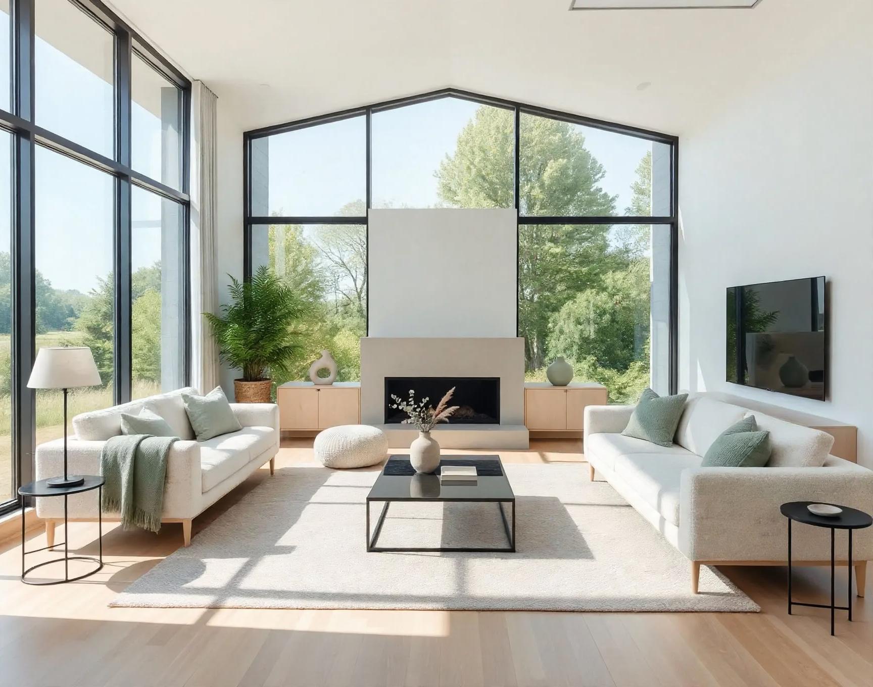 Same room with lighter wood low cabinets, sage green cushions, a textured pouf, sculptural vase on the coffee table and similar paired sofas.