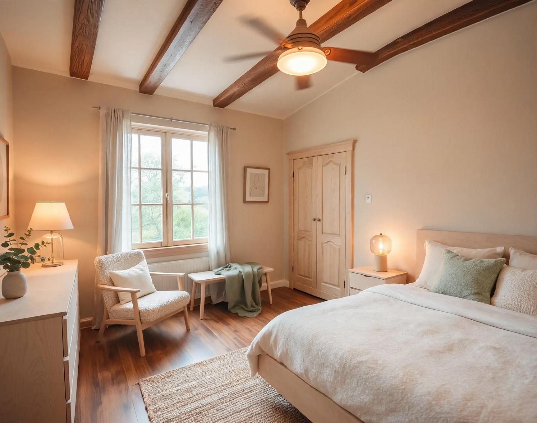 Soft Scandinavian bedroom concept with pale wood bed and dresser, sheer curtains, boucle chair, jute rug and muted green accent pillow