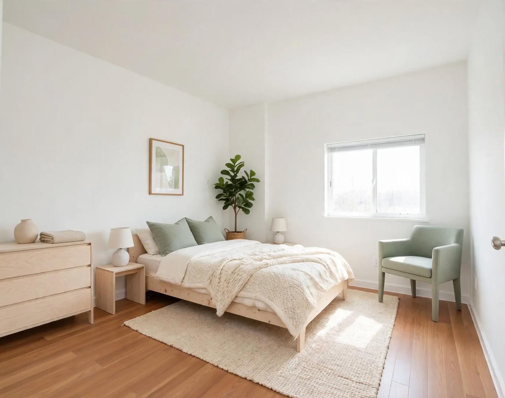 Staged Scandinavian bedroom with low wooden bed, pale dresser, textured rug, sage chair and potted plant
