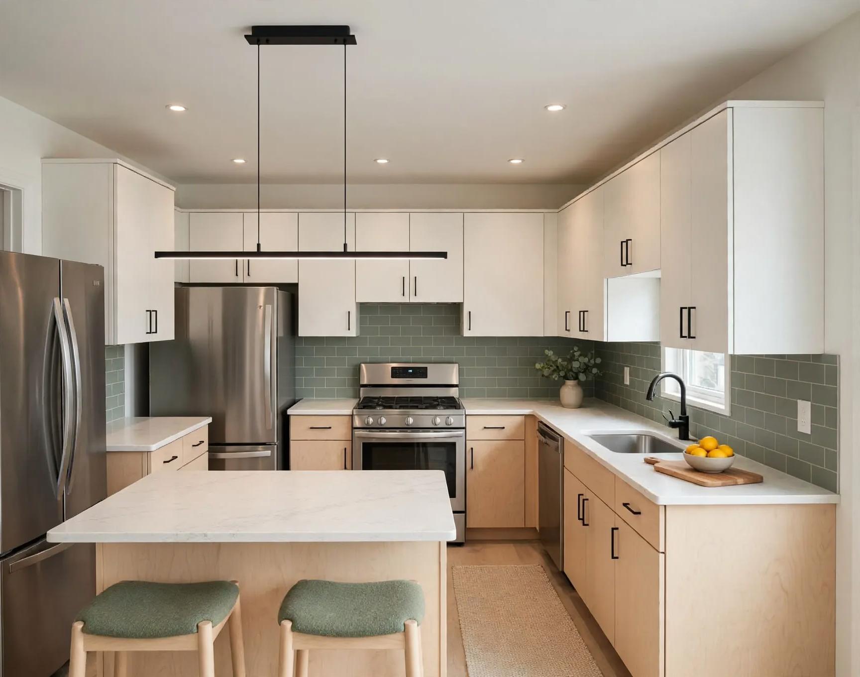 Soft Scandinavian kitchen concept with white upper cabinets, light birch lowers, green subway tile backsplash, stainless appliances, island and black linear pendant.