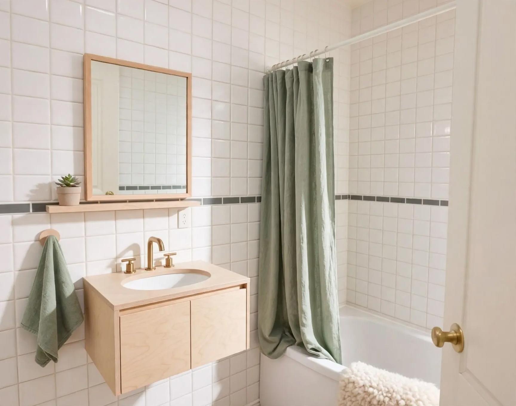 Scandinavian bathroom after AI virtual staging by Renovaitor: Floating birch vanity and mint linen shower curtain in tiled bath