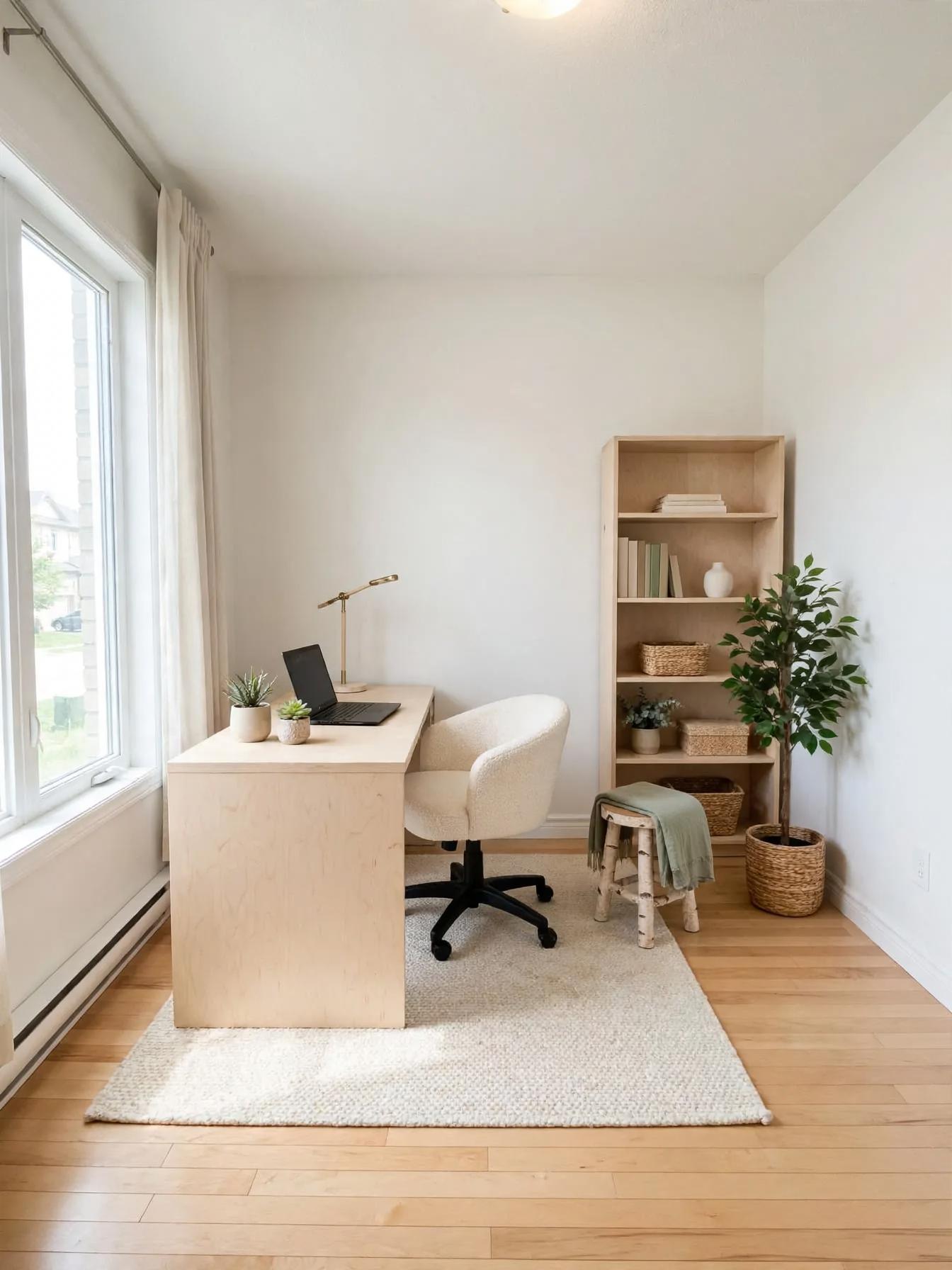 Scandinavian home office after AI virtual staging by Renovaitor: Large Window Home Office Anchored by Light Wood Desk