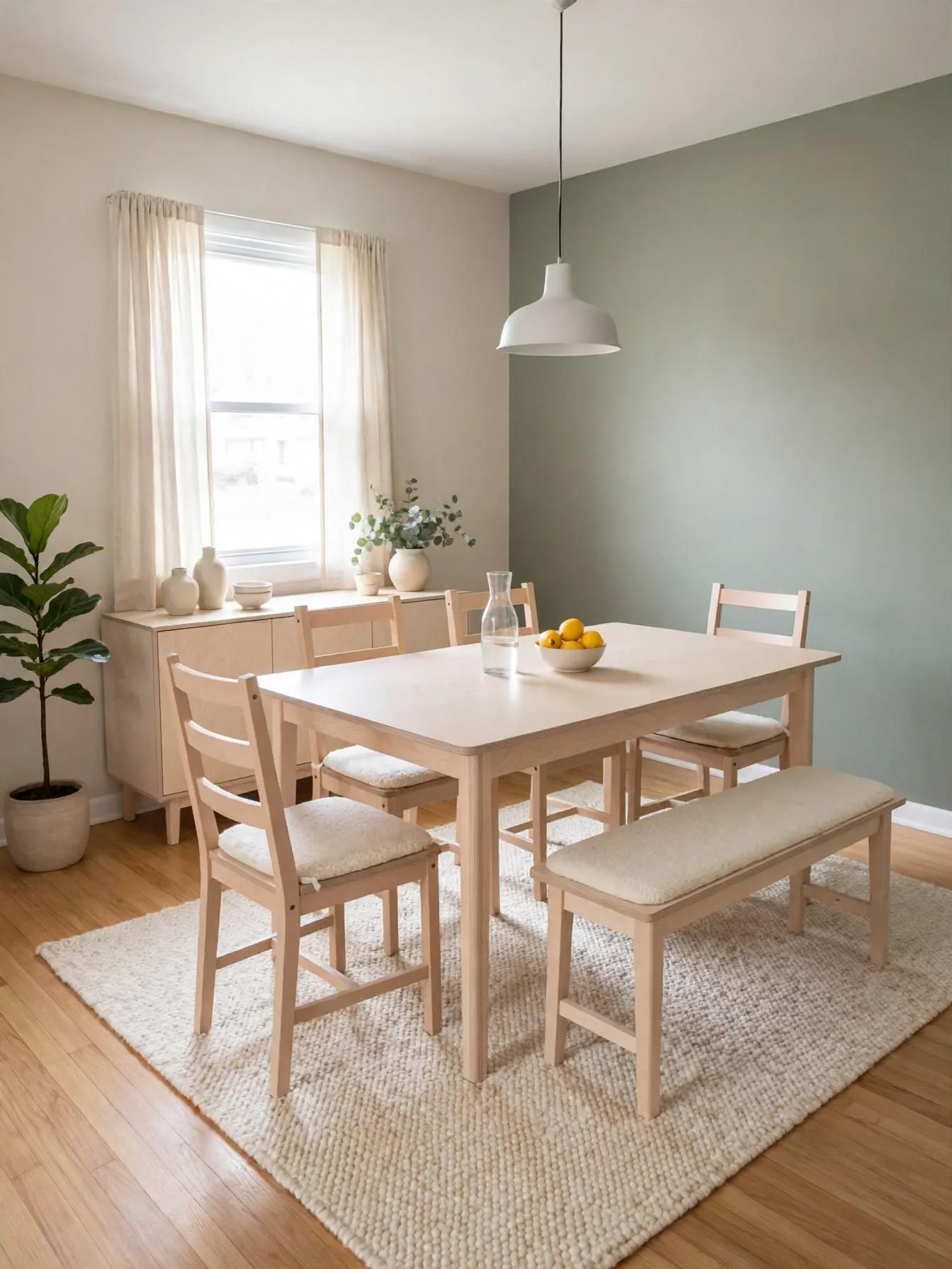 Scandinavian dining room after AI virtual staging by Renovaitor: Soft sage accent wall anchors a light Scandinavian dining room