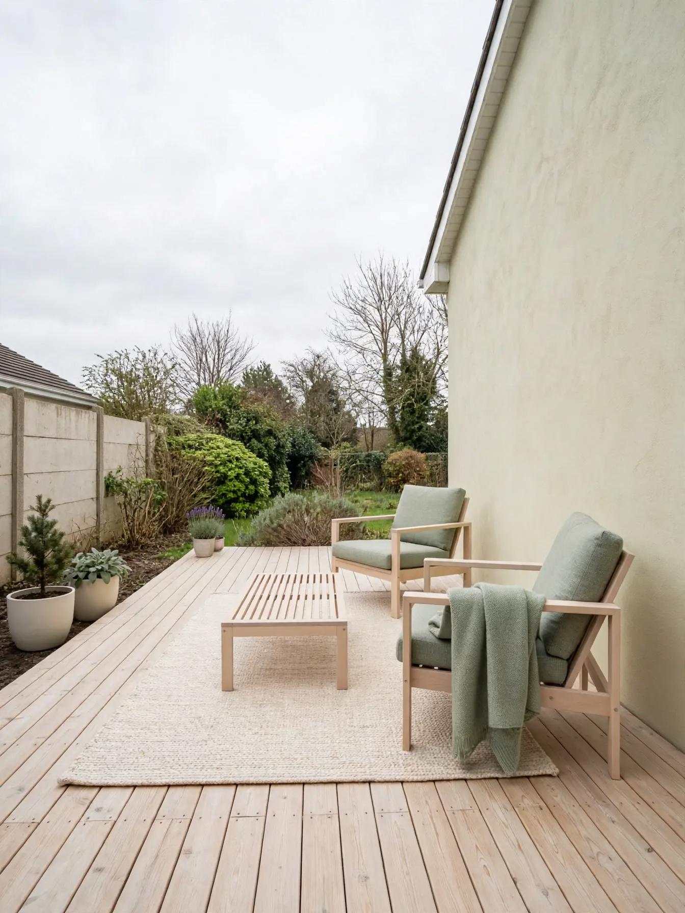 Light-bleached wooden deck with two light-wood armchairs with sage cushions, neutral rug, slatted coffee table and potted plants along the planting bed.