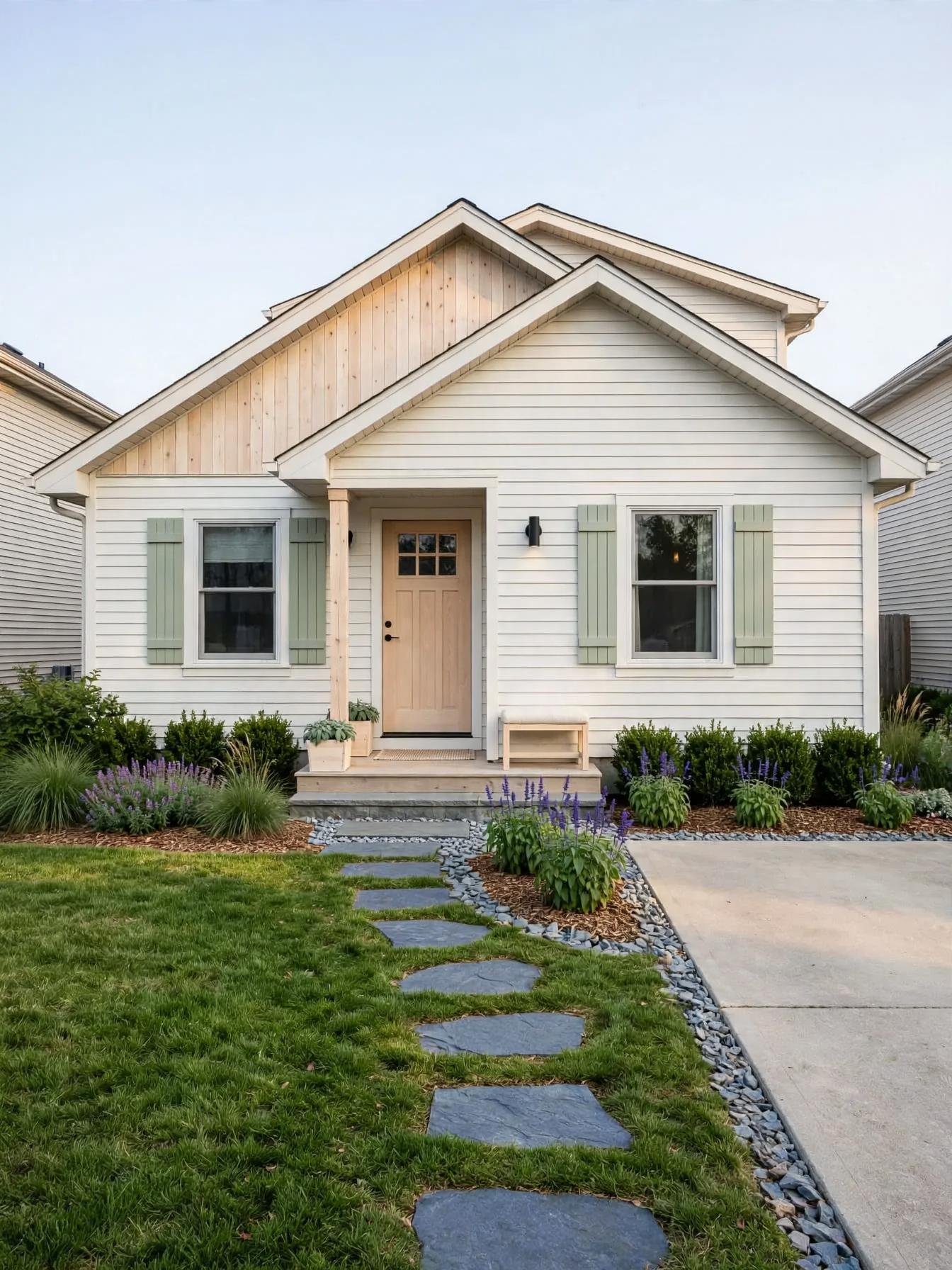 Updated facade with vertical wood gable panel, sage shutters, wooden porch post, slate stepping stones and lavender plantings