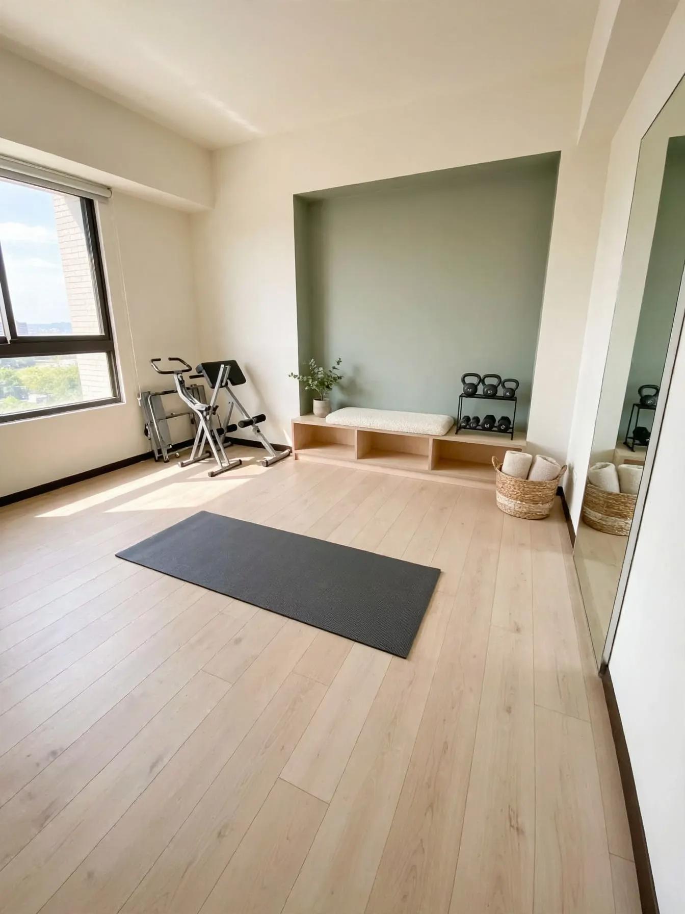 Soft Scandinavian home gym with pale wood plank floor, sage-green recessed niche, low bench with cubbies, kettlebells, yoga mat, wicker basket and full-length mirror.