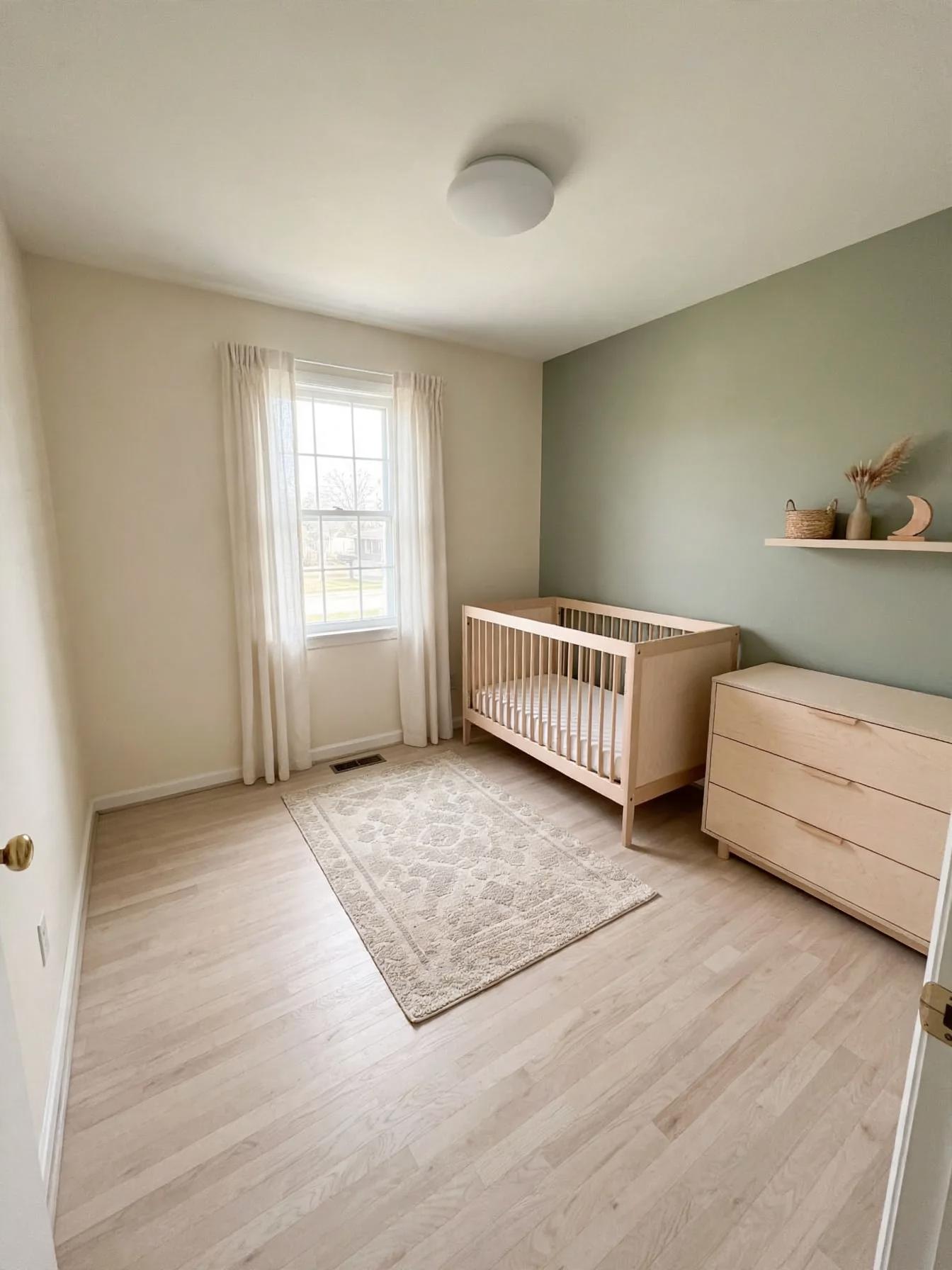 Scandinavian nursery after AI restyle by Renovaitor: Sage accent wall and pale wood nursery refresh
