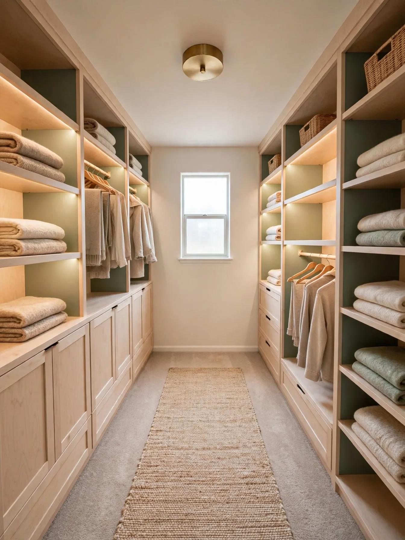 Narrow walk-in closet with light-wood built-ins, soft green shelf backs, integrated shelf lighting, jute runner and brass flush ceiling light.