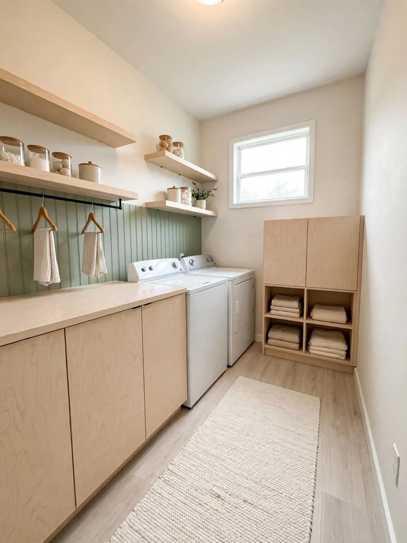 Same laundry layout with pale birch base cabinets, sage vertical beadboard backsplash, floating shelves, birch cubby for towels and a neutral woven runner.